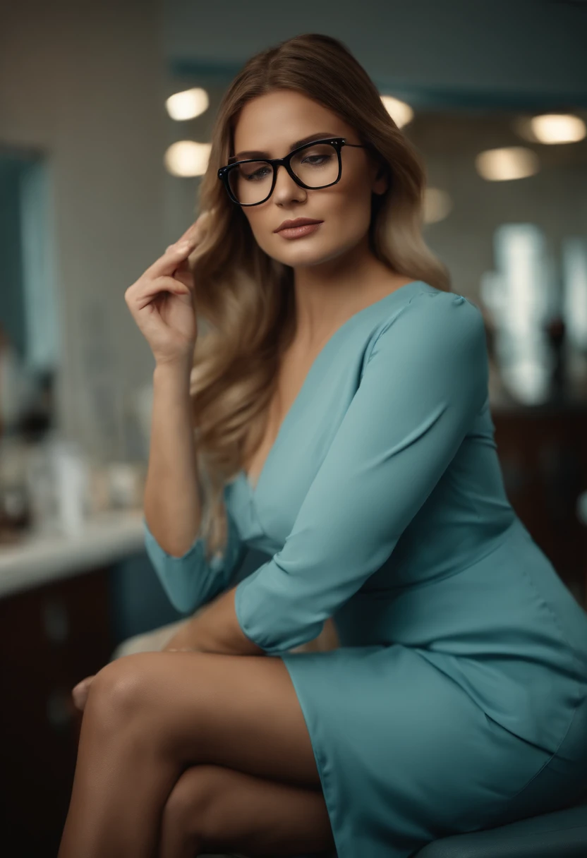 a beautiful woman in the cosmetologist's office, with glasses, he holds a pair of tweezers in his hand,  professional, (4k photo:1.1), high detail, wearing azure dress, beautiful detailed face, hazel eyes, short blonde hair, body shape, massage table, windows