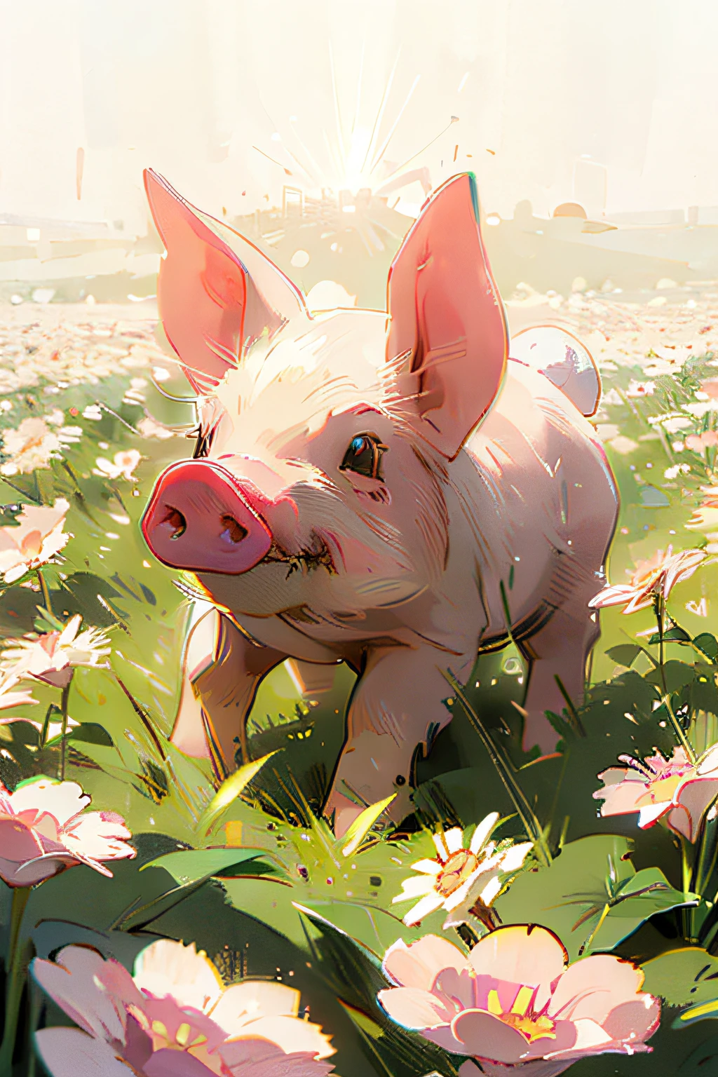 (A pig with bunny ears) (flower field background) (perfect light) (highest quality)