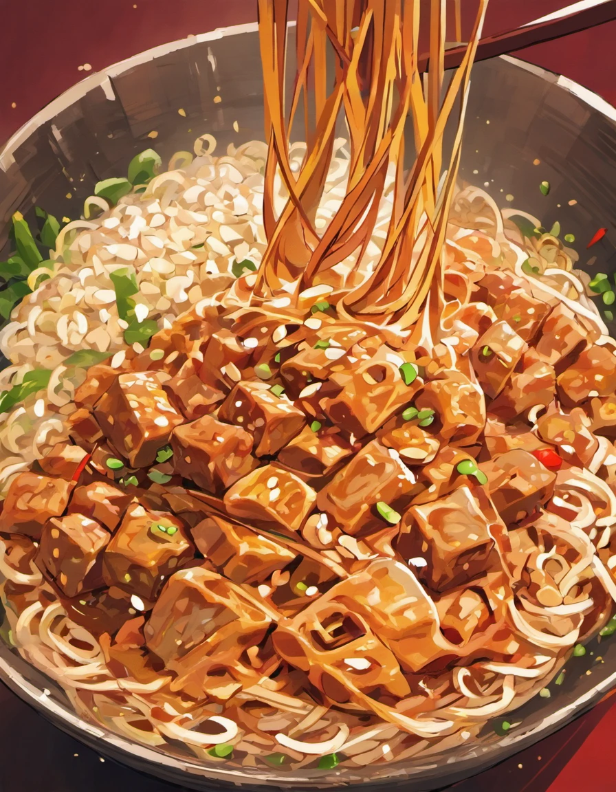 Delicious and tempting rice noodles，Fresh chili red oil is abundant，The aroma is overflowing，The beef is delicious and delicious，The green onion has a strong flavor，The sauerkraut is crispy and delicious，Peanut rice has a delicate taste，Tofu has a good aftertaste，The noodles picked up by chopsticks are fragrant，Vector illustration of a bowl of delicious Chinese rice noodles，Round rice noodles，Blank background，No clutter next to it，There is beef in it，Lots of peppers，Lots of red oil，Peanuts，Green onion，sauerkraut，Pick up the rice noodles with chopsticks，In a colorful animation stills style，sci fi anime，Dark red and dark amber，Qian Xuan，organic sculpting，accurate and detailed，Anime core，32K，hyper HD，Best quality，Masterpiece，Super detail，highly