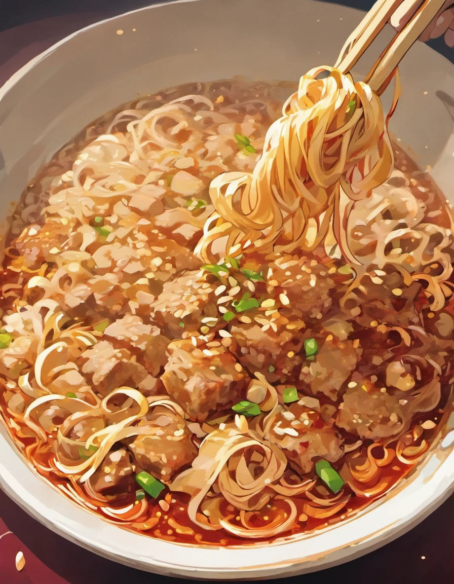 Delicious and tempting rice noodles，Fresh chili red oil is abundant，The aroma is overflowing，The beef is delicious and delicious，The green onion has a strong flavor，The sauerkraut is crispy and delicious，Peanut rice has a delicate taste，Tofu has a good aftertaste，The noodles picked up by chopsticks are fragrant，Vector illustration of a bowl of delicious Chinese rice noodles，Round rice noodles，Blank background，No clutter next to it，There is beef in it，Lots of peppers，Lots of red oil，Peanuts，Green onion，sauerkraut，Pick up the rice noodles with chopsticks，In a colorful animation stills style，sci fi anime，Dark red and dark amber，Qian Xuan，organic sculpting，accurate and detailed，Anime core，32K，hyper HD，Best quality，Masterpiece，Super detail，highly