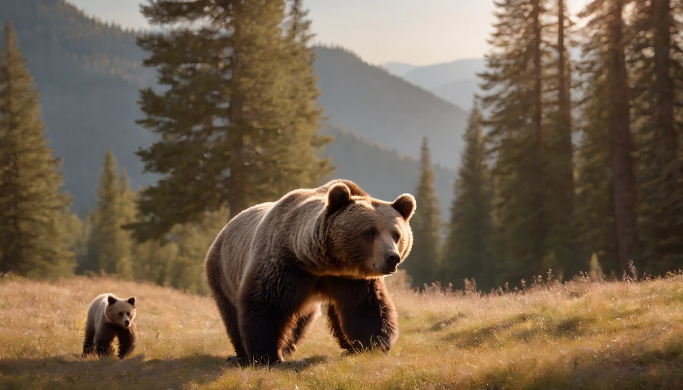 16k, massive details, ((complex details))) immense sky,field of a beautiful mountain pine forrest scene with a cute baby Grizzle bear cubs with her mother, golden hour ,amazing sky,Level 15,rocky surface, (photorealistic), art (((Claude Lorrain))), J.R. Tolkien Type [sharp focus], (HDR), (8k), (gigapixel), (masterpiece), shaders, ray-tracing, perfect lighting
