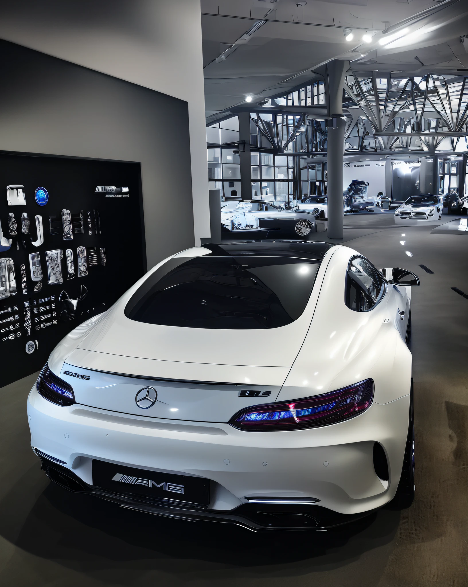 The new Mercedes-AMG white sports car is parked in the showroom,超细节的,sports car in the room, Mercedes Benz, mercedez benz, Exhibited, Mercedes concept car, Beautiful masterpiece, A detailed masterpiece, Masterpiece works of art, Show on the , 8K,4K edited, an award winning masterpiece