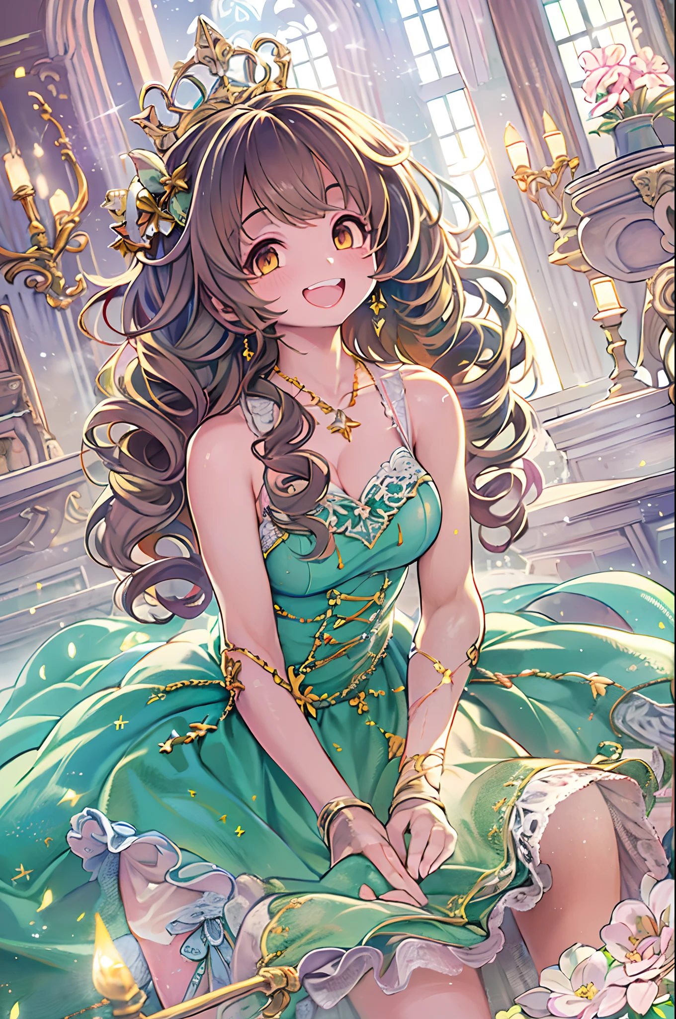 dramatic compositions, Dress in court style, royal, Gorgeous, Cascade frills, frilld, the bow, crystal chandeliers, Roman curly hairstyles, ponet, Double ponytail like a drill, Look at the camera, Bangs, maximalism, palace background, Delicate depiction of hair and eyes, Princess Dresses, Gorgeous skirts, Flowers in hand, Smiles, Starry eyes, Cinematic Light, Extreme Detail, High Definition, happy girl, Very long hair, Diamonds, Broken Diamond, Junction chips, light Particle