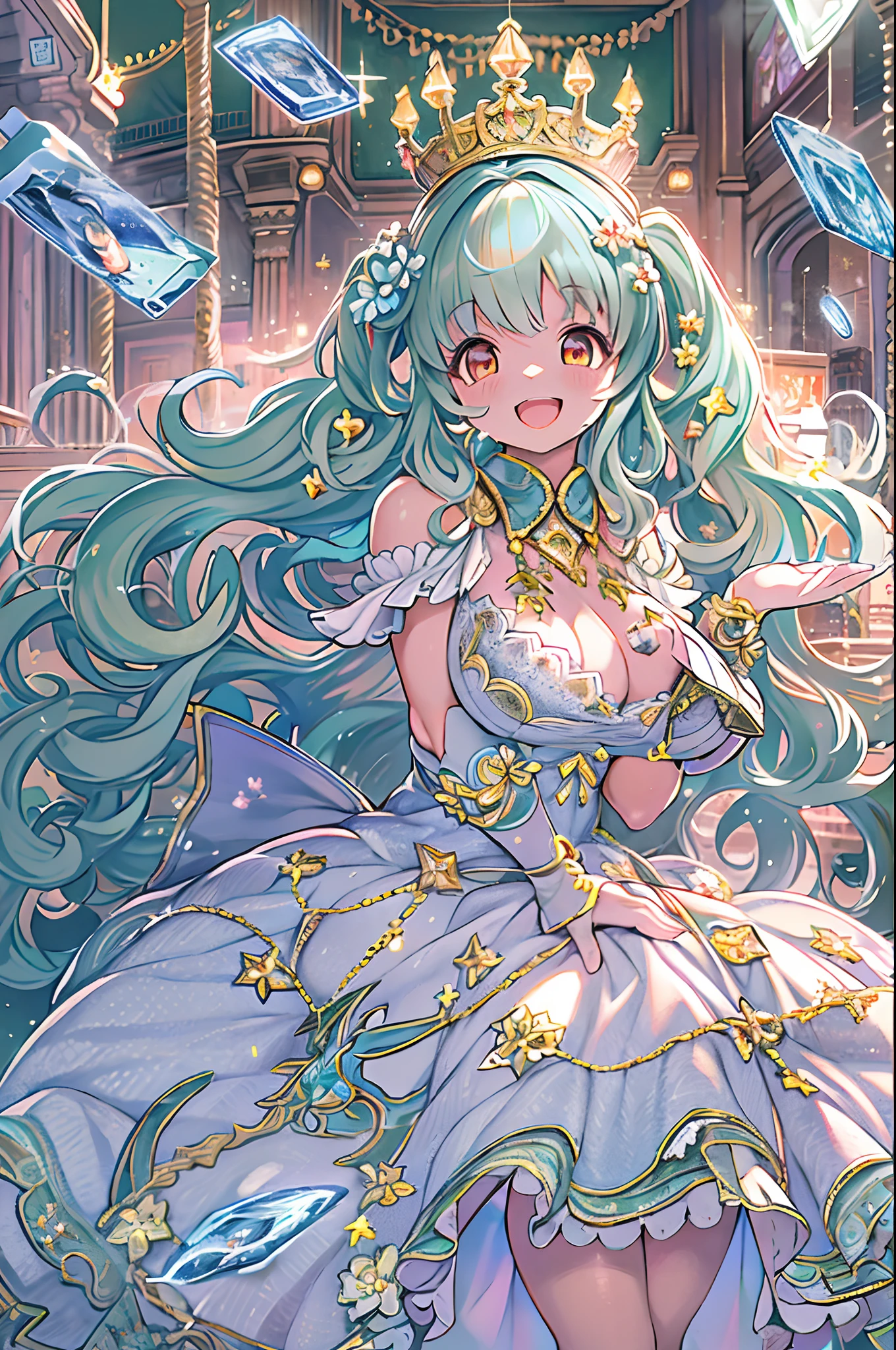 dramatic compositions, Dress in court style, royal, Gorgeous, Cascade frills, frilld, the bow, crystal chandeliers, Roman curly hairstyles, ponet, Double ponytail like a drill, Look at the camera, Bangs, maximalism, palace background, Delicate depiction of hair and eyes, Princess Dresses, Gorgeous skirts, Flowers in hand, Smiles, Starry eyes, Cinematic Light, Extreme Detail, High Definition, happy girl, Very long hair, Diamonds, Broken Diamond, Junction chips, light Particle