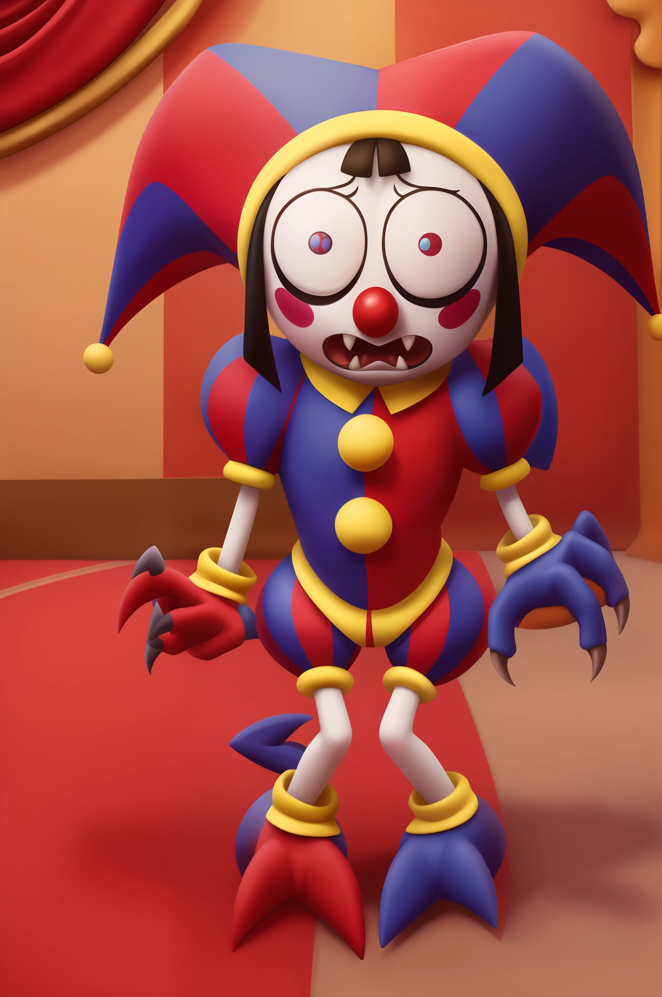(best quality, masterpiece:1.2),pomni,1girl,scared,full body,,striking pose,expressive eyes,fearful expression,nervous posture,tense, Cute , Clown , ((Jester)) , pale skin ,Fangs, Claws,((Imp)),((Pomni as a digimon \(species\))), Dynamic pose