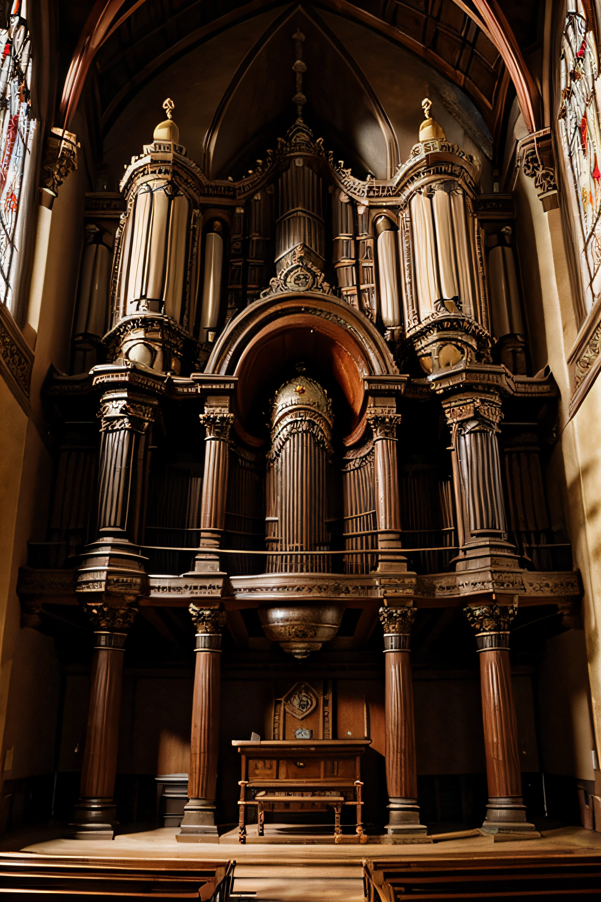 pipe organ, cinemactic, HDR, primitivo, intrincado, alta qualidade, Tons lindos, detalhes intrincados, super-fino,oc renderizado