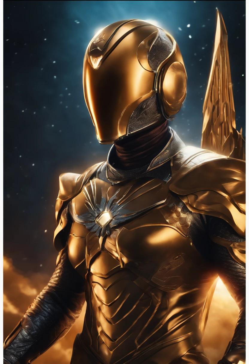 (best quality, highres,masterpiece:1.2),ultra-detailed,(realistic:1.37), vivid colors, HDR,studio lighting, ultra-fine painting, sharp focus, physically-based rendering,professional, intense expression, dynamic pose, glowing background, power energy, comic book style, vibrant hues, dramatic shadows, radiant glow, ethereal atmosphere, electrifying aura, awe-inspiring presence, metallic accessories, intricate design, floating particles, celestial guardian, otherworldly strength, superhuman abilities, fearless protector, transcendent being, boundless force, colossal cosmic explosions, intergalactic battles, grand scale, hair flowing in the wind, determined eyes, epic heroics, cosmic heroism, action-packed scene, Helmet/Mask, Male, geometric patters, intricate patterns, helix, face covered, male only.