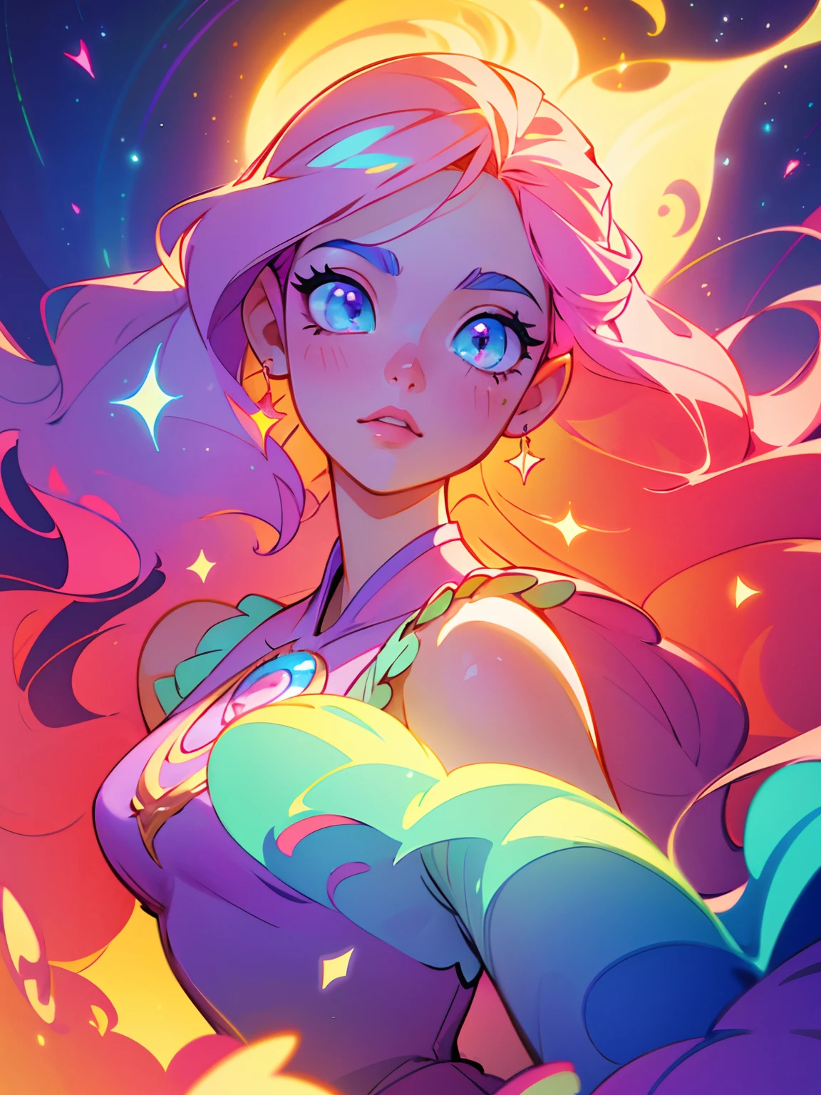 beautiful girl, puffy tiered ballgown, vibrant pastel colors, (colorful), glowing golden long hair, magical lights, sparkling magical liquid, inspired by Glen Keane, inspired by Lois van Baarle, disney art style, by Lois van Baarle, glowing aura around her, by Glen Keane, jen bartel, glowing lights! digital painting, flowing glowing hair, glowing flowing hair, beautiful digital illustration, fantasia background, whimsical, magical, fantasy, ((beautiful face)), ((masterpiece, best quality)), intricate details, highly detailed, sharp focus, 8k resolution, sparkling detailed eyes, liquid watercolor