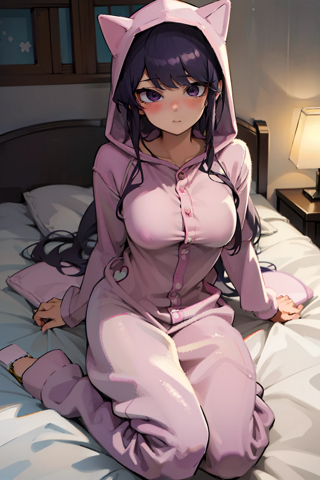 (komishuuko),beautiful,masterpiece, best quality, extremely detailed face,big breasts,looking at viewer, 1 girl, shy, blush, dark purple hair, ((long hair)), cat onesie, pink onesie, bed