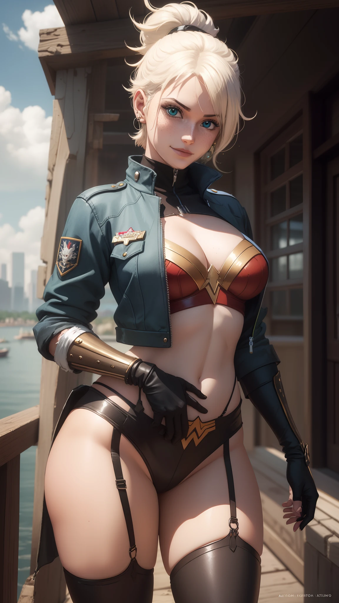 gwen tennyson,y'shtola rhul,yorha 2b, tracer,nier automata,overwatch,close up,mecha pilot,city view,tattoos,blue and red plugsuit,white short sleeve lycra top,steel lycra micro shorts,steel garter belt,uncovered belly,short hair, cute makeup,green eyes,dimensional blonde hair,shy smile,freckles,beautiful girl,large breasts,8k hd,ultra detailed, realistic,fantasy art,wonder woman,steel armor,New York shore,pilot uniform,ear piercings,hair pin,saiyan girl,super saiyan female,short sleeve pilot jacket,thigh high boots,beautiful water,