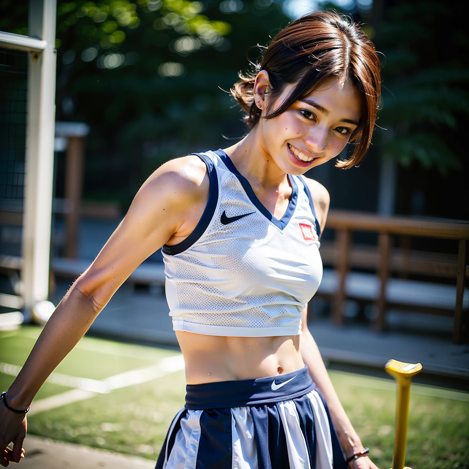 (2girls:1.2), (a detailed full-body RAW photo of a girl), (masutepiece:1.0), (Best Quality:1.4), (超A high resolution:1.2), (Photorealistic:1.4), 8K resolution, Canon EOS R5, 50 millimeters, absurderes, ultra-detailliert, (18 year old), Sharp Focus, Cinematic lighting, Detailed beautiful face, (no-makeup:1.2), (ulzzang -6500-v1.1), petite figure, Detailed skin texture, flat chest, (skinny and fit body:1.6), Detailed brown hair, sweltering,(Very short hair:1.5), (Very thin fit blue and white Nike short badminton uniform:1.5), (tight miniskirt:1.3), (Tube Top:1.3), (See-through:1.2), realistic glistening skin, (Sweating:1.3), Detailed texture, (Japan National Team Players:1.5), (flat chest:1.5), (no bra:1.2), (Erect :1.3), (Tilt upper body forward and turn around and show hip:1.5), (from behind), (Cameltoe:1.3)(up skirt:1.5), (sun burn:1.5), (up skirt), (sports gym), (smile with teeth:1.5), ((bend upper body forward)), ((look back)), ((show hip)), from bellow, (leaning flont:1.5)