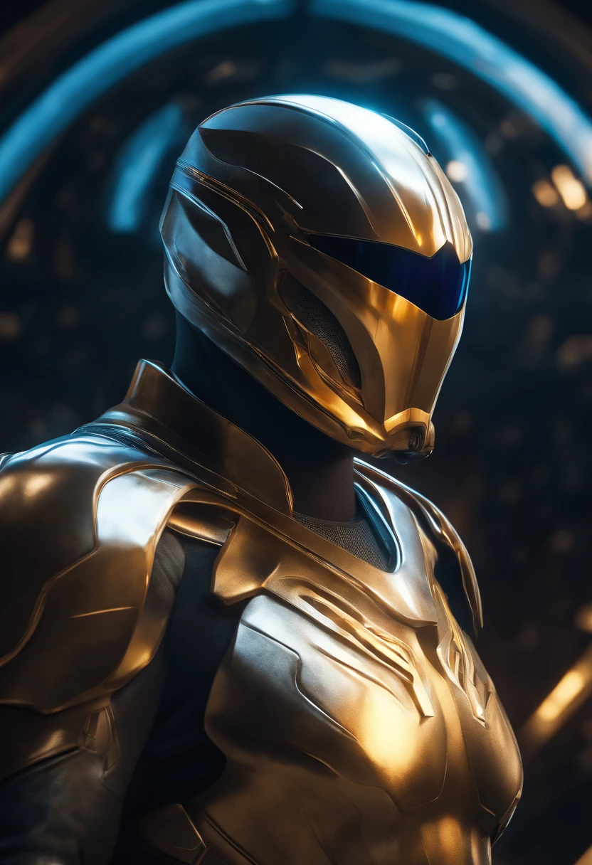 (best quality, highres,masterpiece:1.2),ultra-detailed,(realistic:1.37), vivid colors, HDR,studio lighting, ultra-fine painting, sharp focus, physically-based rendering,professional, intense expression, dynamic pose, glowing background, power energy, comic book style, vibrant hues, dramatic shadows, radiant glow, ethereal atmosphere, electrifying aura, awe-inspiring presence, metallic accessories, intricate design, floating particles, celestial guardian, otherworldly strength, superhuman abilities, fearless protector, transcendent being, boundless force, colossal cosmic explosions, intergalactic battles, grand scale, hair flowing in the wind, determined eyes, epic heroics, cosmic heroism, action-packed scene, Helmet/Mask, Male, geometric patters, intricate patterns, helix, face covered, male only, cosmic background, nebula background, space background.
