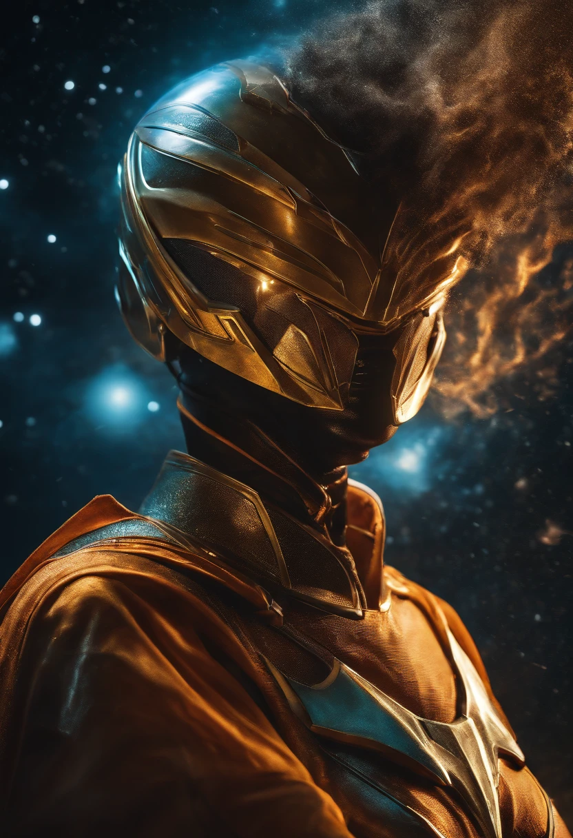 Yellow Power Ranger Girl with full shining shimmering armor,full covered face, eyes hidden and hidden hair