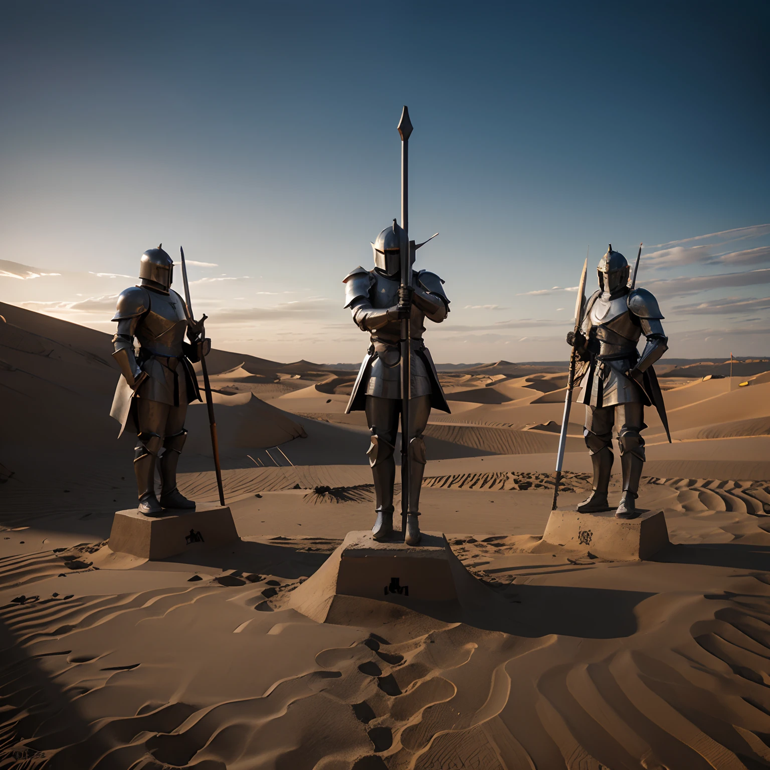Three knight statues in a dark area with sand filled air all three sticking their swords in the ground with crusader armour