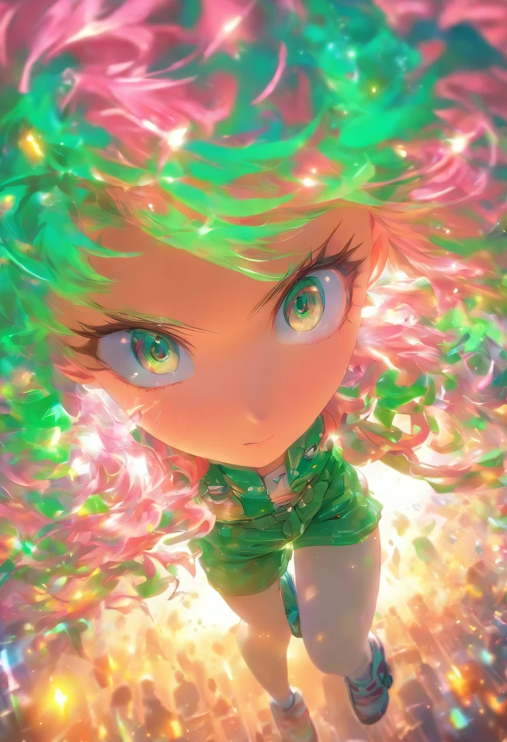 foreshortening, profundidade de campo, master part, best quality, 1girl, pink hair, olhos verde azulado, cabelos medios, flutuando,raios rosas, sozinho, Olhando para o Viewer,vestido rosa, voando, luz solar fraca,