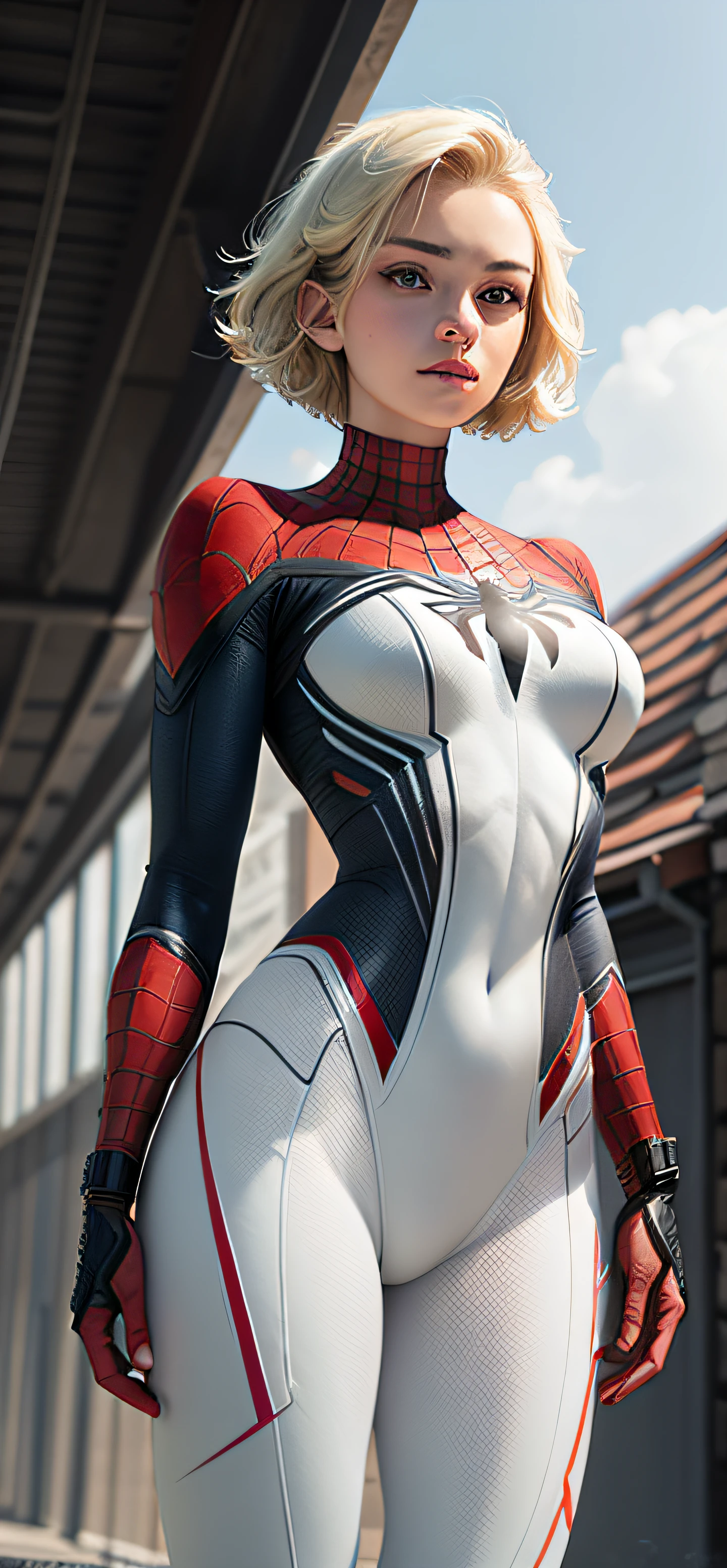 18-year-old girl, White Spider-Man suit, Dull short hair, Blonde, Beautiful face, Roof, Masterpiece, Intricate details, Perfect anatomy