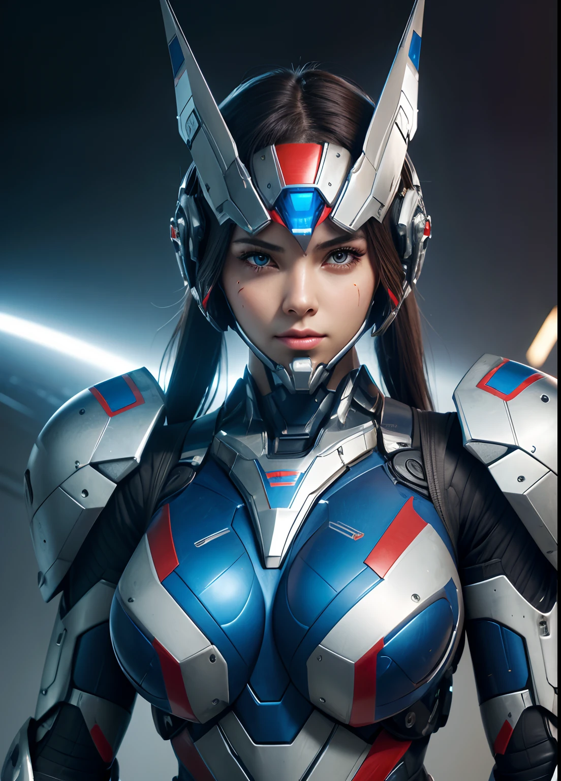 Textured skin, Super Detail, high details, High quality, Best Quality, hight resolution, 1080p, hard disk, Beautiful,(Iron Patriot),beautiful cyborg woman,Mecha Cyborg Girl,Battle Mode,Girl with a Mecha Body,She wears a futuristic Iron Patriot mech,Fulll body Shot