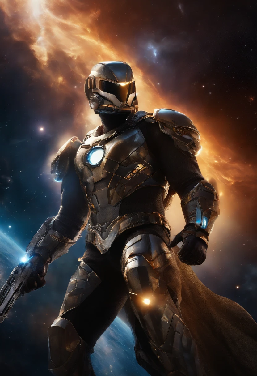 (best quality, highres,masterpiece:1.2),ultra-detailed,(realistic:1.37), vivid colors, HDR,studio lighting, ultra-fine painting, sharp focus, physically-based rendering,professional, intense expression, dynamic pose, glowing background, power energy, comic book style, vibrant hues, dramatic shadows, radiant glow, ethereal atmosphere, electrifying aura, awe-inspiring presence, metallic accessories, intricate design, floating particles, celestial guardian, otherworldly strength, superhuman abilities, fearless protector, transcendent being, boundless force, colossal cosmic explosions, intergalactic battles, grand scale, hair flowing in the wind, determined eyes, epic heroics, cosmic heroism, action-packed scene, Helmet/Mask, Male, geometric patters, intricate patterns, helix, face covered, male only, cosmic background, nebula background, space background, Cosmic Powered Male Hero.