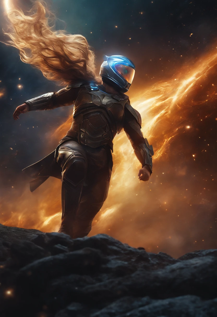 (best quality, highres,masterpiece:1.2),ultra-detailed,(realistic:1.37), vivid colors, HDR,studio lighting, ultra-fine painting, sharp focus, physically-based rendering,professional, intense expression, dynamic pose, glowing background, power energy, comic book style, vibrant hues, dramatic shadows, radiant glow, ethereal atmosphere, electrifying aura, awe-inspiring presence, metallic accessories, intricate design, floating particles, celestial guardian, otherworldly strength, superhuman abilities, fearless protector, transcendent being, boundless force, colossal cosmic explosions, intergalactic battles, grand scale, hair flowing in the wind, determined eyes, epic heroics, cosmic heroism, action-packed scene, Helmet/Mask, Male, geometric patters, intricate patterns, helix, face covered, male only, cosmic background, nebula background, space background, Cosmic Powered Male Hero.
