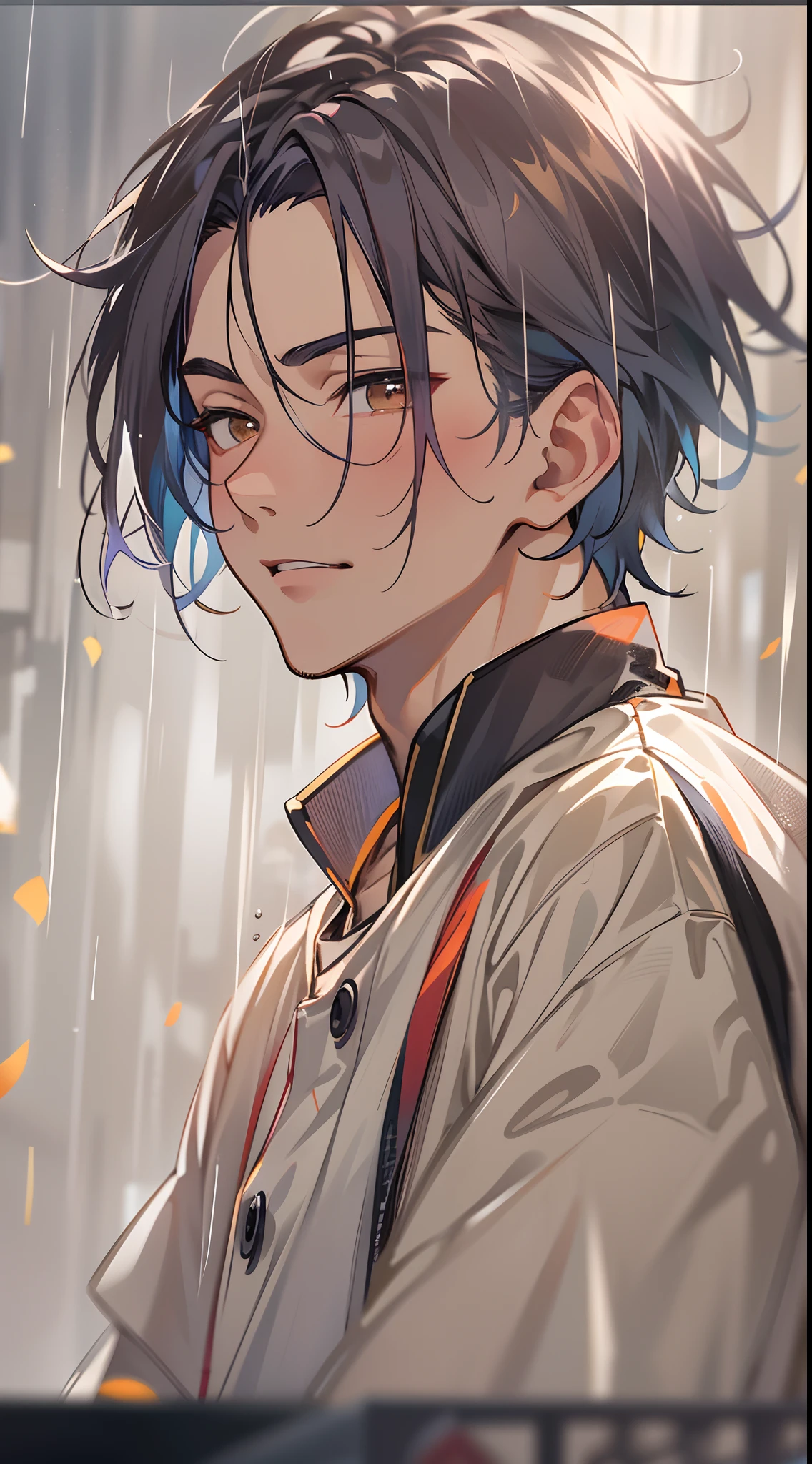 tmasterpiece，Need，超高分辨率，shoun，(with short black hair)，Handsome man，Wheat-colored skin，Physical Education Student，Walk in the rain，glomy，((The wind blows up clothes))