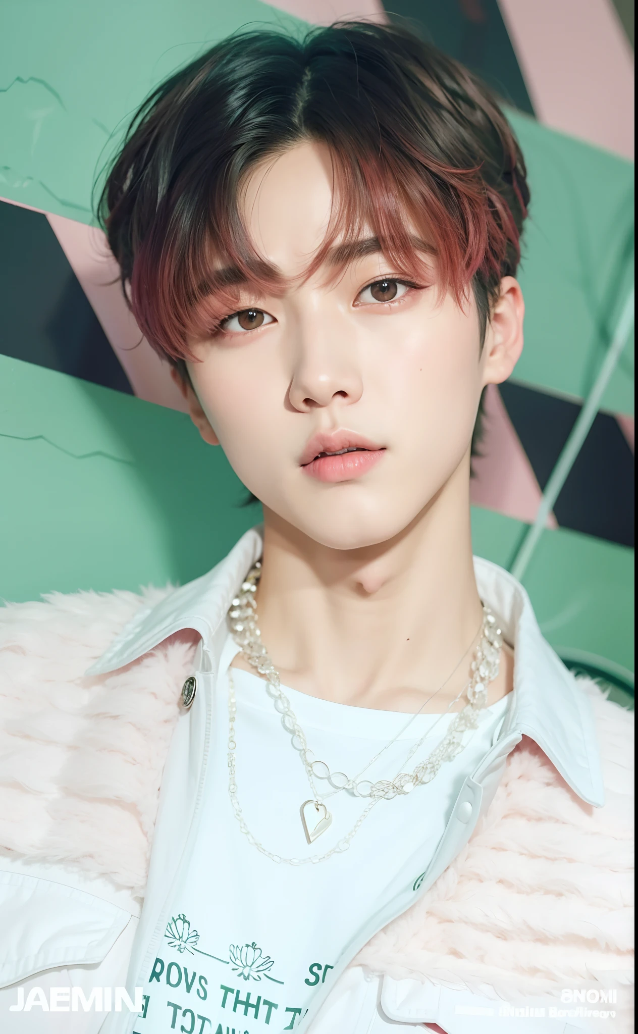 Un primer plano de una persona con una chaqueta rosa y un collar, Cai Xukun, Hyung Tae, Jung Jaehyun, Retrato de Jossi de Blackpink, Kim Doyoung, Jinyoung Shin, inspirado por Bian Shoumin, Yanjun Chengt, Parque Jimin, Hong June Hyung, Todos del grupo NCT, Llave fija, Jimin, diez Lee, Retrato de Kpop Idol
