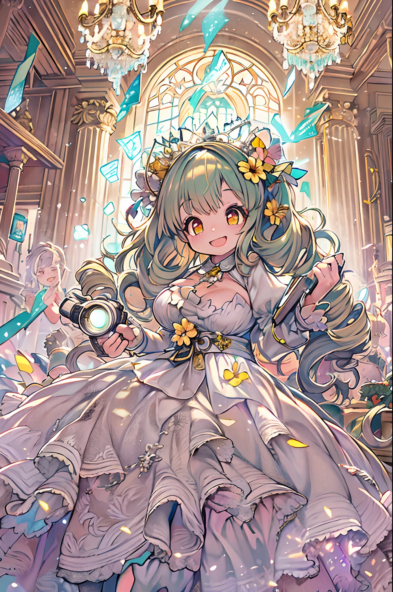 dramatic compositions, Dress in court style, royal, Gorgeous, Cascade frills, frilld, the bow, crystal chandeliers, Roman curly hairstyles, ponet, Double ponytail like a drill, Look at the camera, Bangs, maximalism, palace background, Delicate depiction of hair and eyes, Princess Dresses, Gorgeous skirts, Flowers in hand, Smiles, Starry eyes, Cinematic Light, Extreme Detail, High Definition, happy girl, Very long hair, Diamonds, Broken Diamond, Junction chips, light Particle
