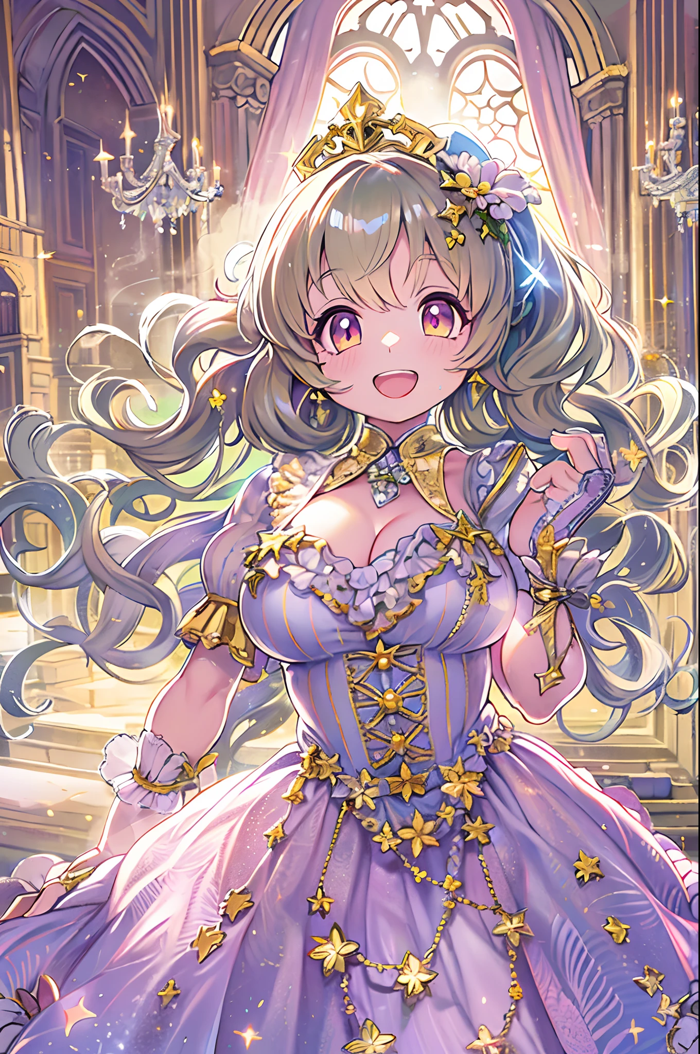 dramatic compositions, Dress in court style, royal, Gorgeous, カスケードfrilld, frilld, the bow, crystal chandeliers, Roman curly hairstyles, ponet, Double ponytail like a drill, Look at the camera, Bangs, maximalism, palace background, Delicate depiction of hair and eyes, Princess Dresses, Gorgeous skirts, Flowers in hand, Smiles, Starry eyes, Cinematic Light, Extreme Detail, High Definition, happy girl, Very long hair, Diamonds, broken Diamonds, Junction chips, light Particle