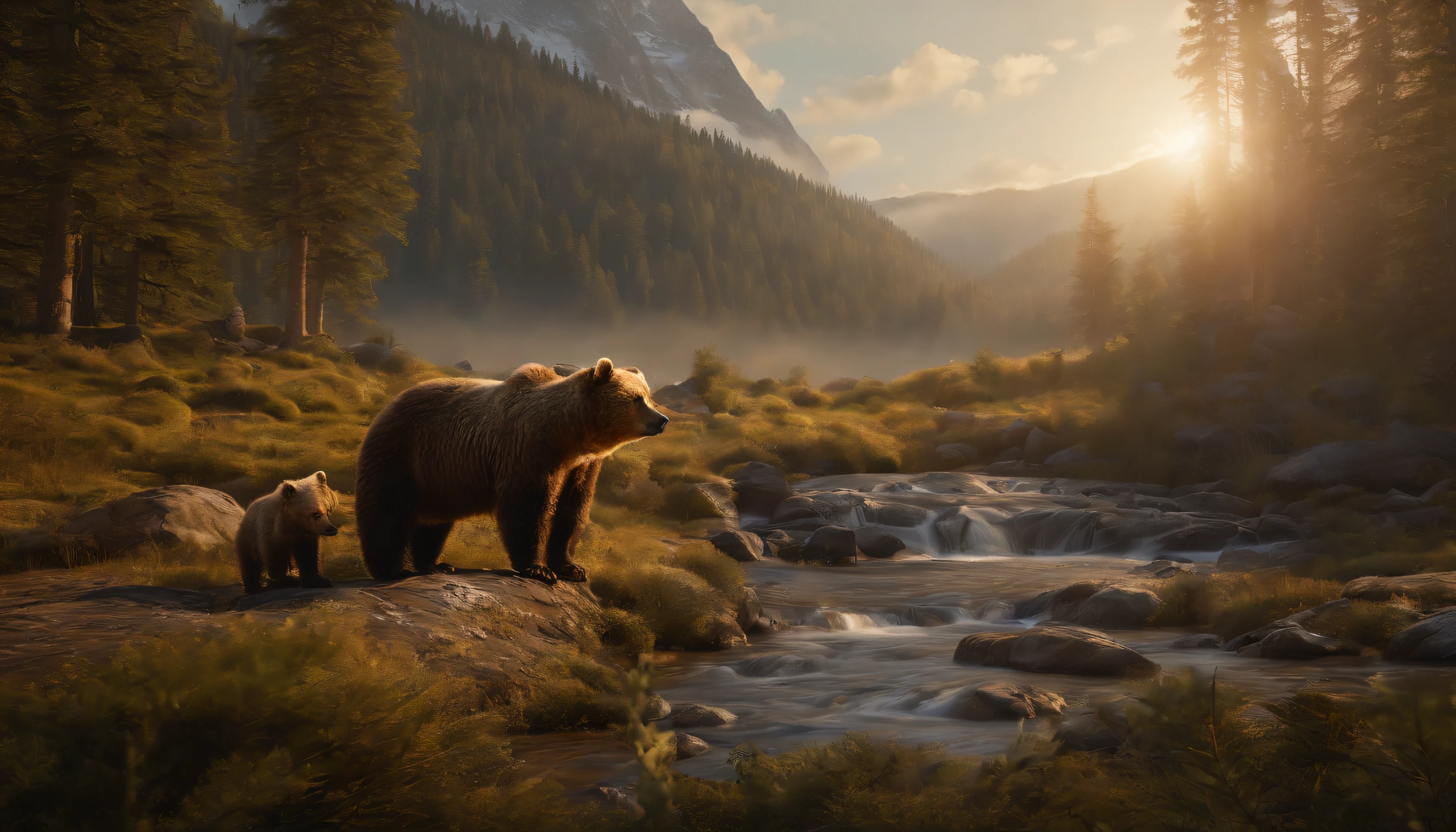 16k, massive details, ((complex details))) immense sky,field of a beautiful mountain pine forest with a waterfall and creek scene with a cute  Grizzle bear cubs with her mother, golden hour ,amazing sky,Level 15,rocky surface, (photorealistic), art (((Claude Lorrain))), J.R. Tolkien Type [sharp focus], (HDR), (8k), (gigapixel), (masterpiece), shaders, ray-tracing, perfect lighting