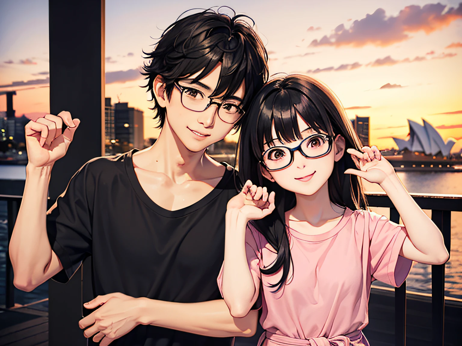 A young Japanese couple at the Sydney Opera House. The husband has black hair with bangs, wears glasses, and a blue T-shirt. The wife has medium-length black hair, wears glasses, and a pink T-shirt. They both have smiles on their faces. Clean-shaven, no children.