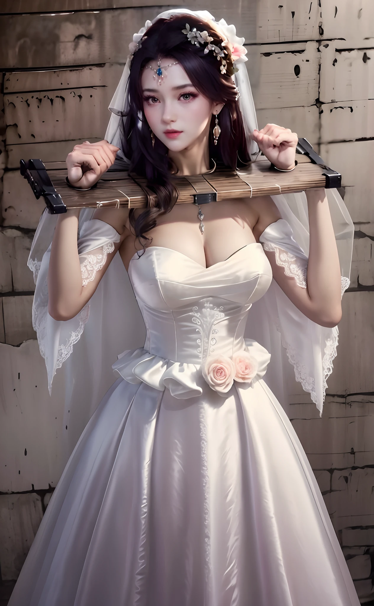 Close-up of a beautiful bride in a beautiful wedding dress, Gurvetz,( pillory:1.5), Flail on the head, Flail on the hands, Flail,(Bridal veil: 1.5), (Short transparent veil: 1.5), Flushed face, Head flower, head gear, (Tubular wedding dress: 1.5), (Silk dress: 1.2 ), (Strapless wedding dress: 1.5), Pure white dress, necklace, Earrings, (Huge breasts: 1.3), Deep V heart collar wedding dress, bangs, lipstick, (Lace gloves: 1.3), Full body photo, High detail RAW color art, a white long skirt, Whole body, with hands behind her back, and floor-length skirts,