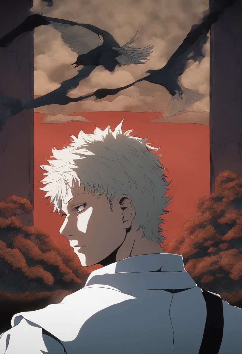 The boy with white hair,The arm is wrapped around a bandage,Standing in the mountain of corpses