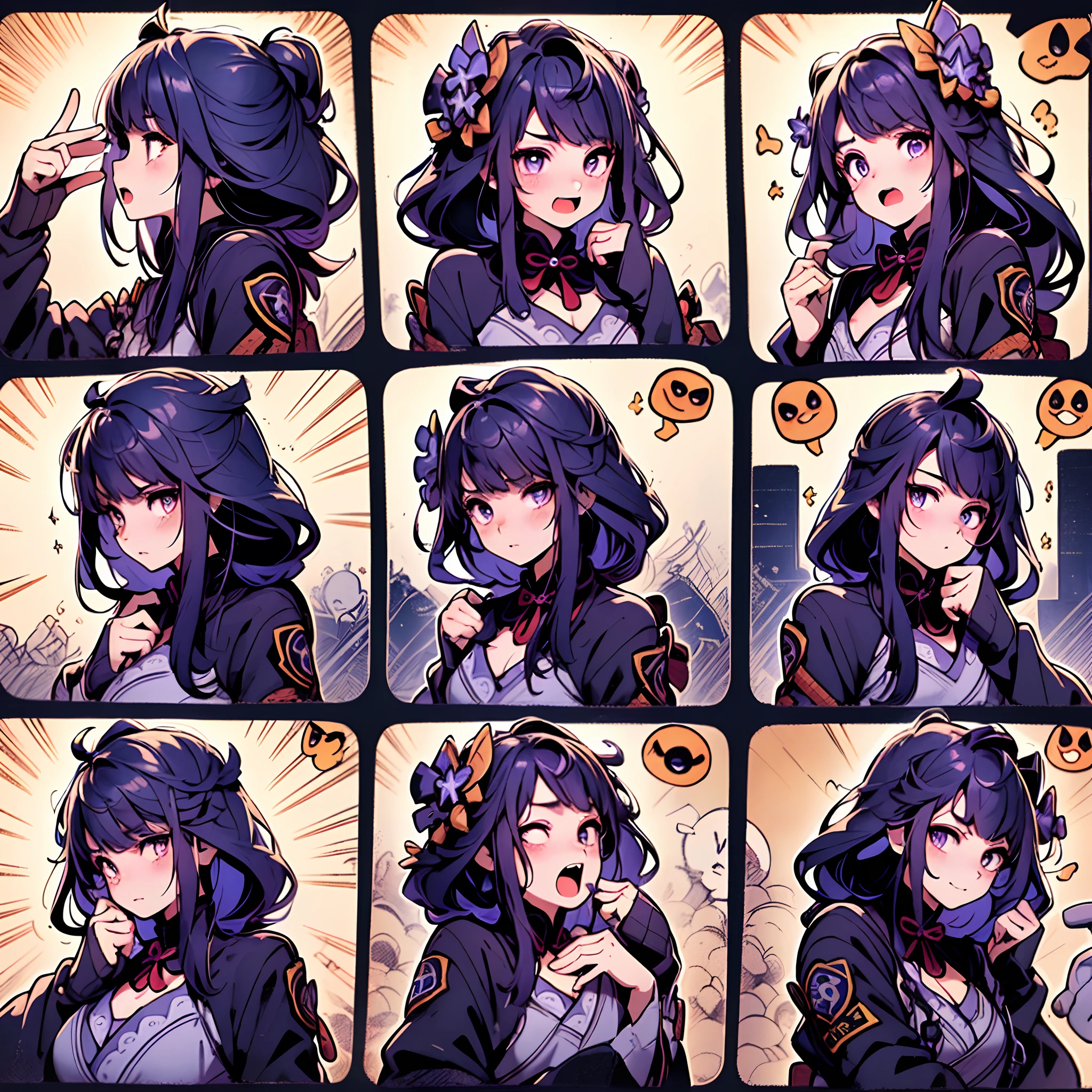 1girll, (Raiden general, Raiden general)，(9 grids，3*3 grids，9 emoji packs，9 poses and expressions)，Disney  style，Black strokes，Different emotions，8K