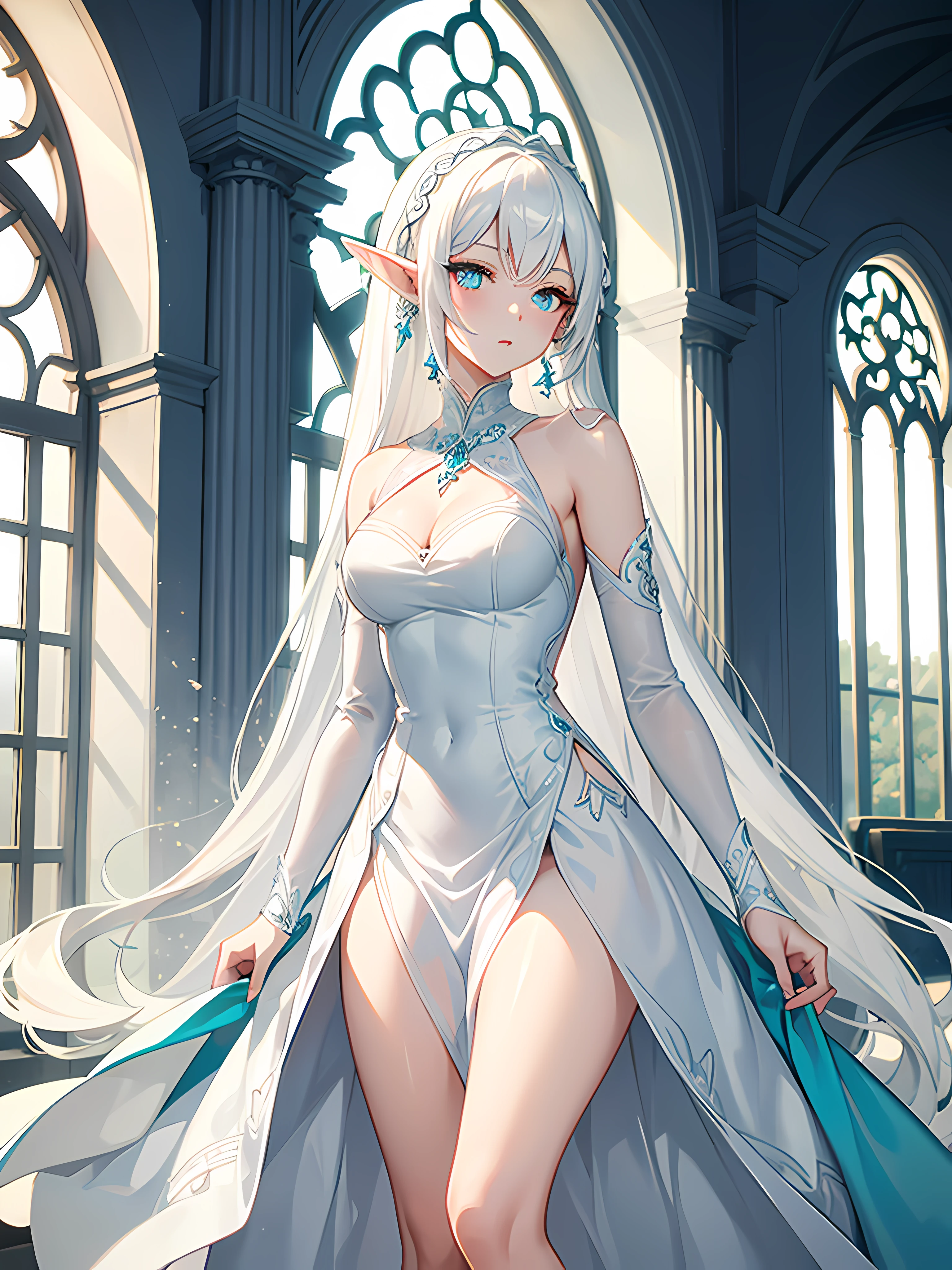 (masterpiece), best quality, expressive eyes, perfect face, cocktail dress, elegant dress, long white dress, sexy, (white hair), elf ears, turquoise eyes, window, sunlight, plain background