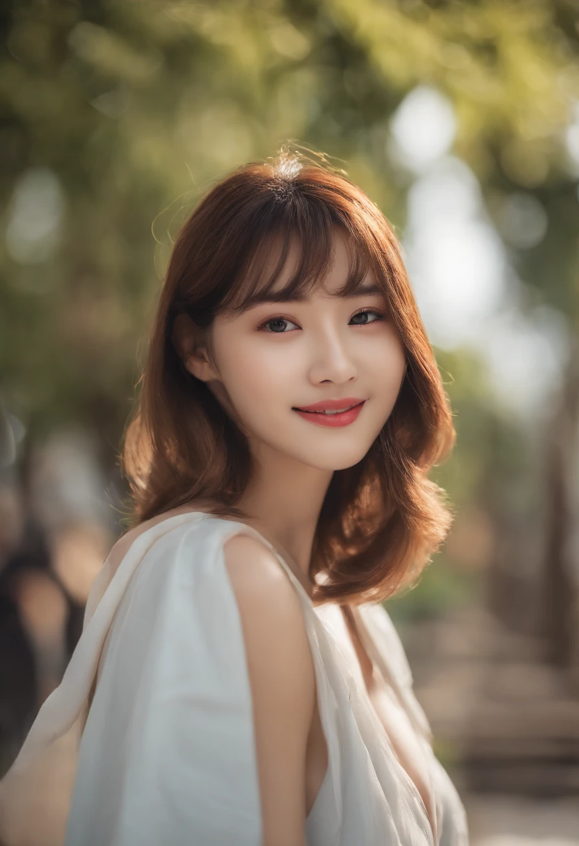 masutepiece, Best Quality, Illustration, Ultra-detailed, finely detail, hight resolution, 8K Wallpaper, Perfect dynamic composition, Beautiful detailed eyes, Women's Fashion Summer,Medium Hair, C Cup Breast Natural Color Lip, Bold sexy poses,Smile,Harajuku、20 years girl、Cute、Sexy shot looking at camera, Displaying the Brass Strap