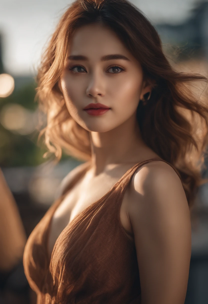 masutepiece, Best Quality, Illustration, Ultra-detailed, finely detail, hight resolution, 8K Wallpaper, Perfect dynamic composition, Beautiful detailed eyes, Women's Fashion Summer,Medium Hair, C Cup Breast Natural Color Lip, Bold sexy poses,Smile,Harajuku、20 years girl、Cute、Sexy shot looking at camera, Displaying the Brass Strap