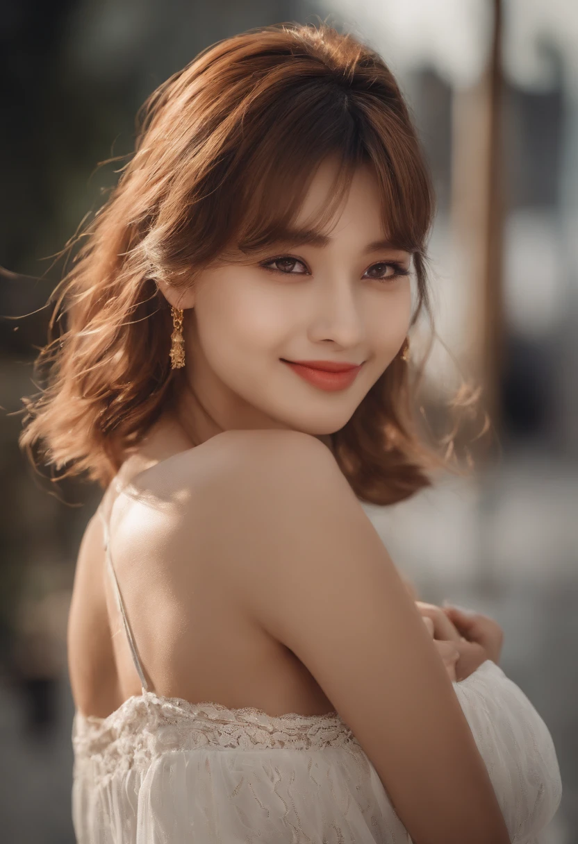 masutepiece, Best Quality, Illustration, Ultra-detailed, finely detail, hight resolution, 8K Wallpaper, Perfect dynamic composition, Beautiful detailed eyes, Women's Fashion Summer,Medium Hair, C Cup Breast Natural Color Lip, Bold sexy poses,Smile,Harajuku、20 years girl、Cute、Sexy shot looking at camera, Displaying the Brass Strap