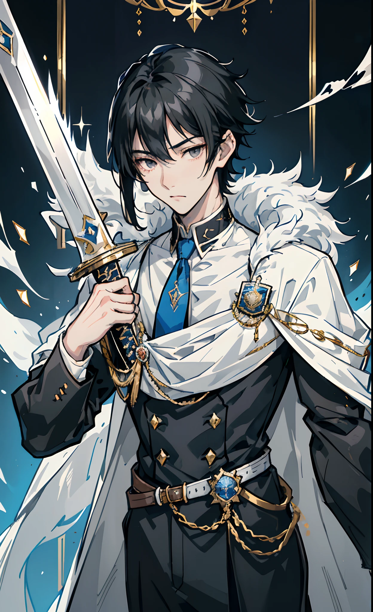 Black hair, sharp gray eyes, wolf cut hair, long bangs, high school boy, anime style, light novel, fancy blue luxurious suit with gold ornaments and white shirt and tie, royal family, knight school, brooding, glittering clothes, masculine, Wada Arko, Fate, one man, one person, overhead view, holding sword