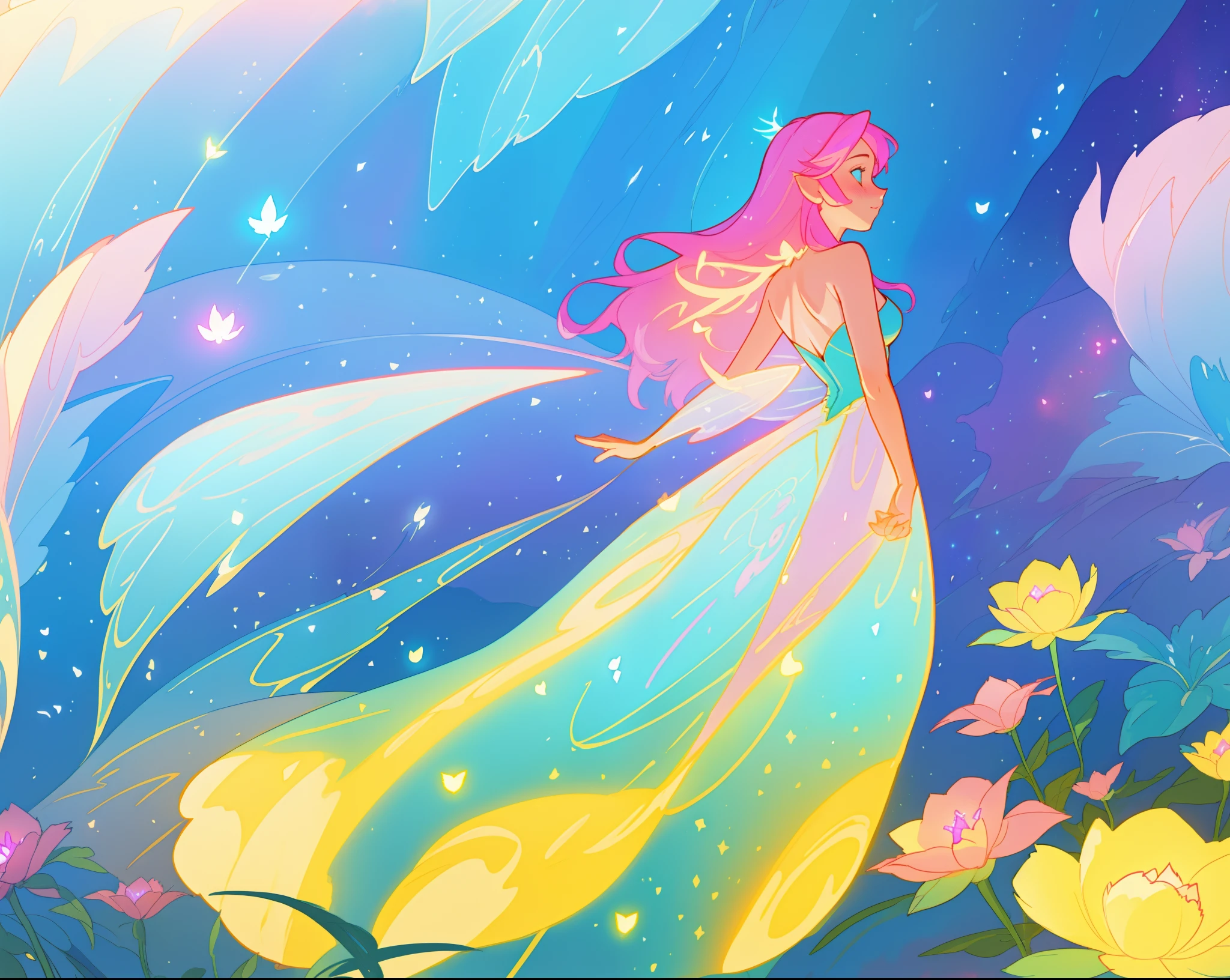 beautiful girl in flowing liquid dress, fairy dress, fairy queen, magical otherworldly landscape, (glowing fairy wings), glowing flowing ballgown, long hair, sparkling fairy wings, watercolor illustration, flowers and colorful plants, inspired by Glen Keane, inspired by Lois van Baarle, disney art style, by Lois van Baarle, glowing aura around her, by Glen Keane, jen bartel, glowing lights! digital painting, flowing glowing hair, glowing flowing hair, beautiful digital illustration, fantasia otherworldly landscape plants flowers, beautiful, masterpiece, best quality, anime disney style