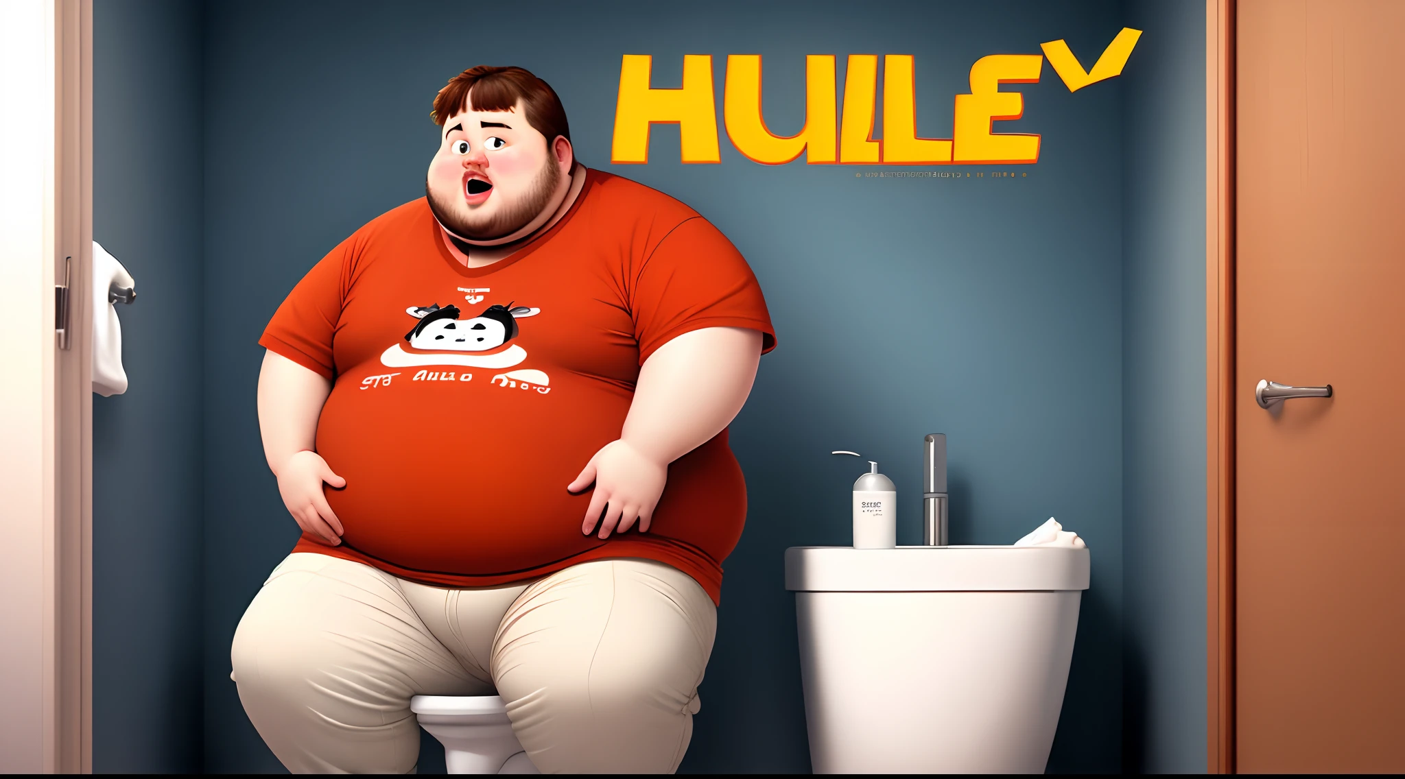 Create Pixar Cover with Title " SACA HUELE " A CHUBBY GUY IN THE BATHROOM DOING THE TOILET