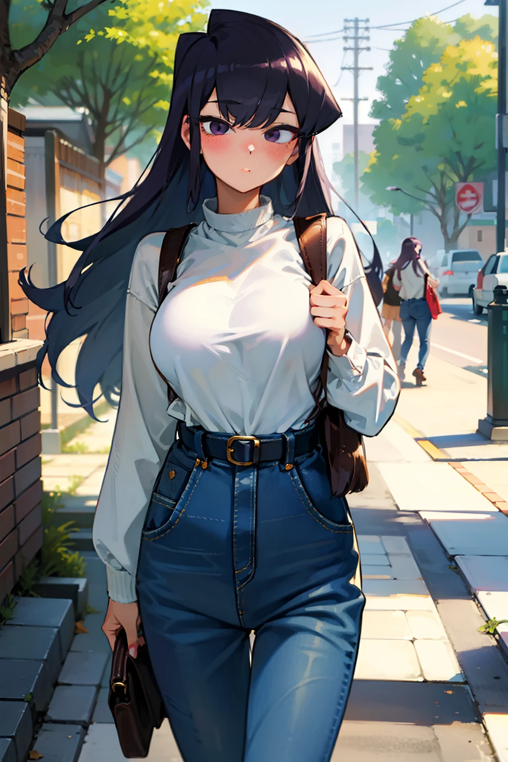 (komishuuko),beautiful,masterpiece, best quality, extremely detailed face,big breasts,looking at viewer, 1 girl, shy, blush, dark purple hair, ((long hair)), standing, japan street, ((denim overall)), (leather belt), wind, long sleeve white shirt