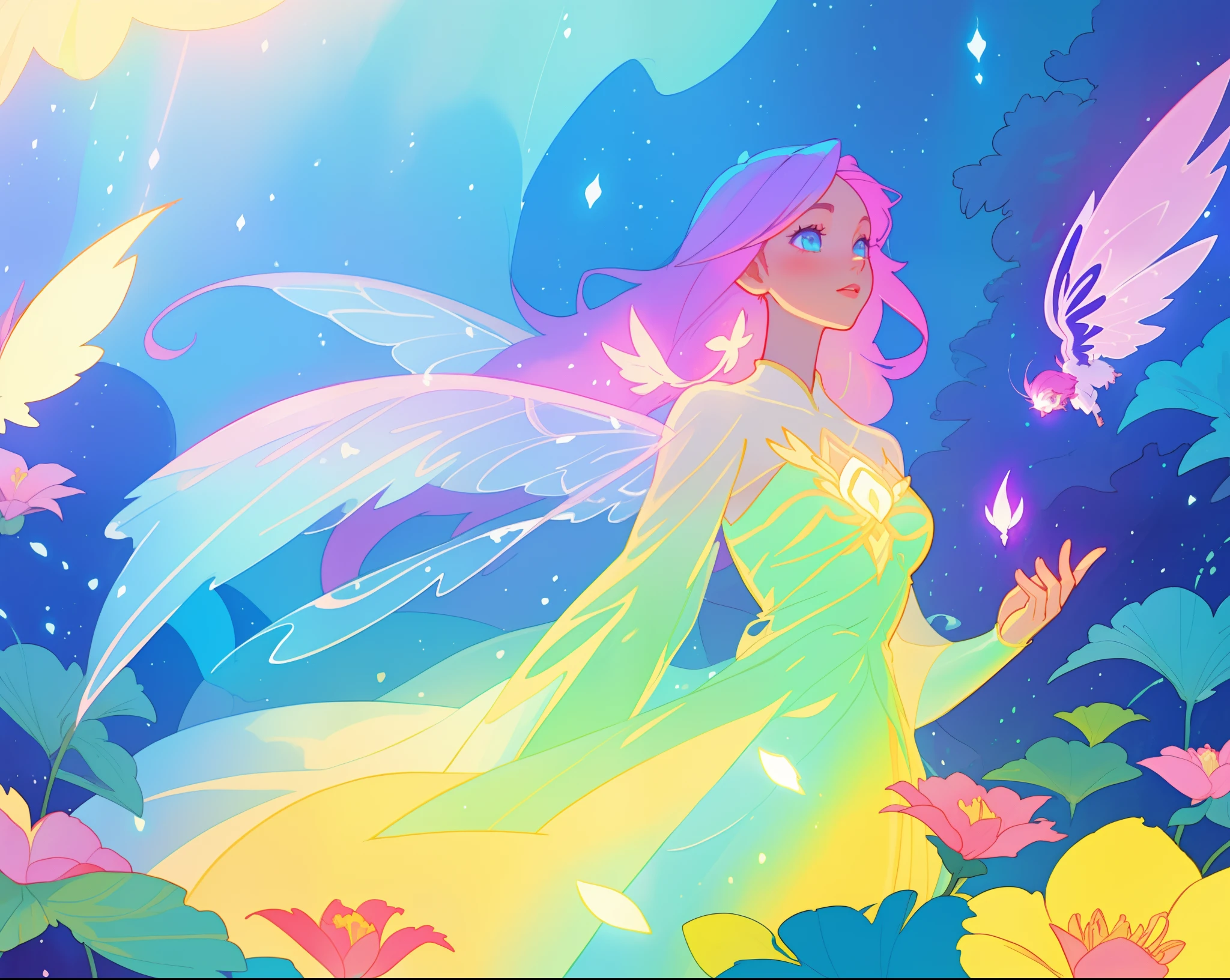 beautiful girl in flowing liquid dress, fairy dress, fairy queen, magical otherworldly landscape, (glowing fairy wings), glowing flowing ballgown, long hair, sparkling fairy wings, watercolor illustration, flowers and colorful plants, inspired by Glen Keane, inspired by Lois van Baarle, disney art style, by Lois van Baarle, glowing aura around her, by Glen Keane, jen bartel, glowing lights! digital painting, flowing glowing hair, glowing flowing hair, beautiful digital illustration, fantasia otherworldly landscape plants flowers, beautiful, masterpiece, best quality, anime disney style