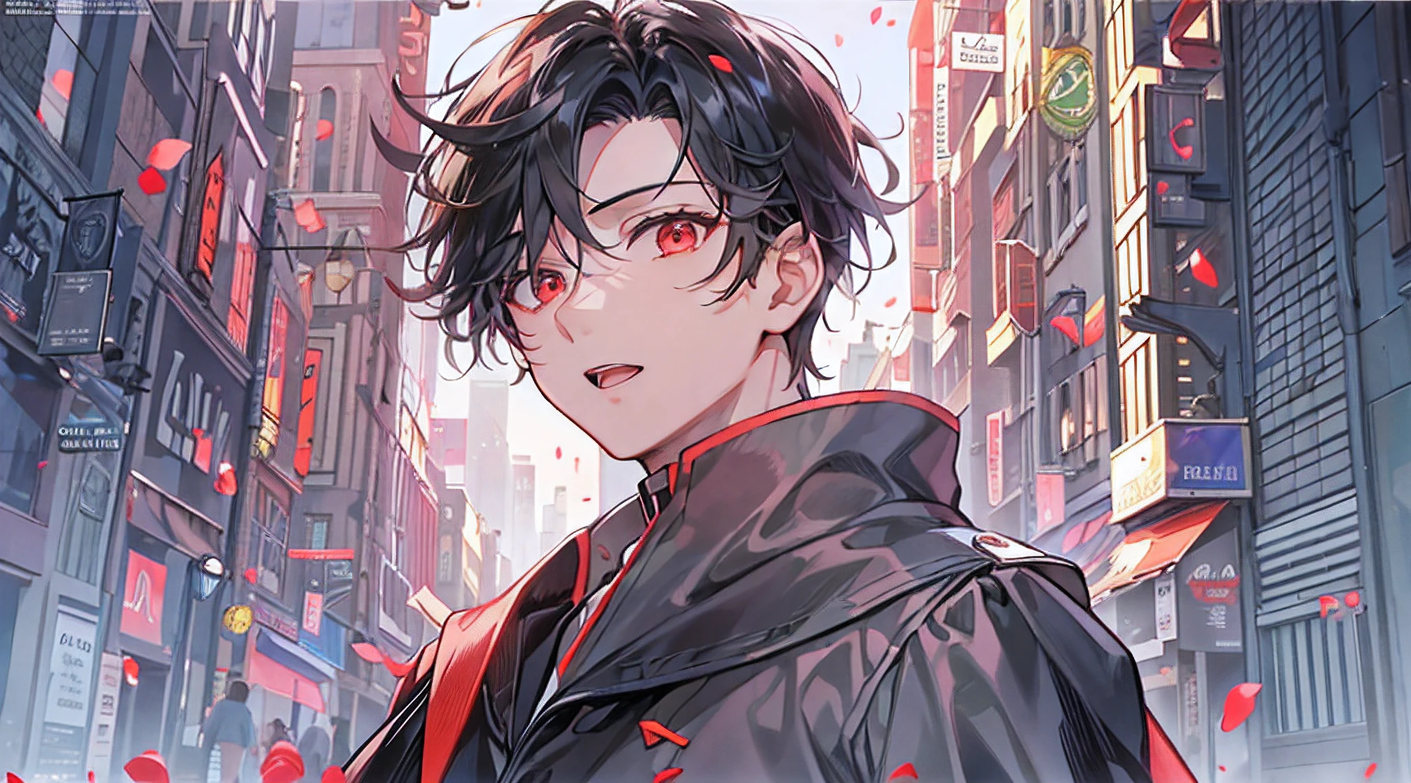 masterpiece, best quality, spring outfit, outdoor, magazine cover ,upper body,1 boy, handsome boy, black hair, comma hair, forehead comma hair, korean hair, shiny, Red eyes, looking at viewer, upper body
