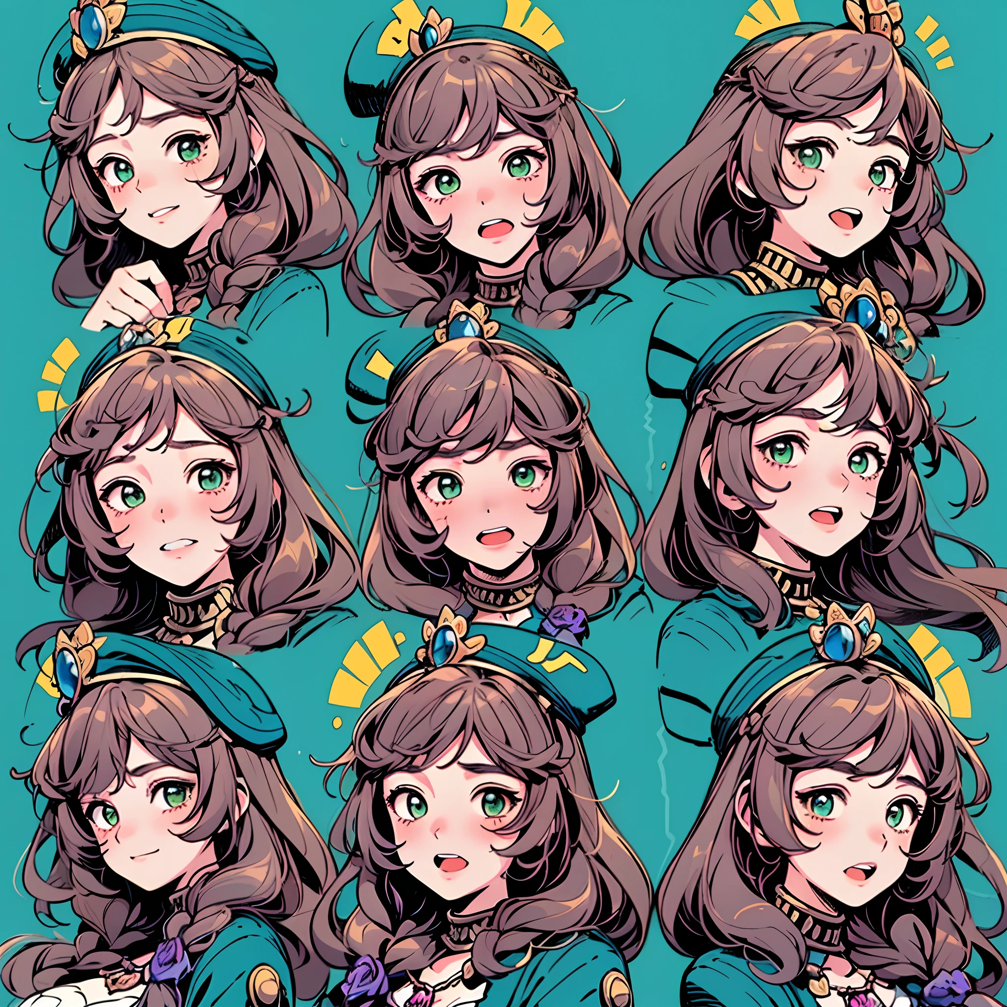 1girll, (lisadef, lisasobriquet, lisarnd)，9 grids，3*3 grids，9 emoji packs，9 poses and expressions，Disney  style，Black strokes，Different emotions，8K
