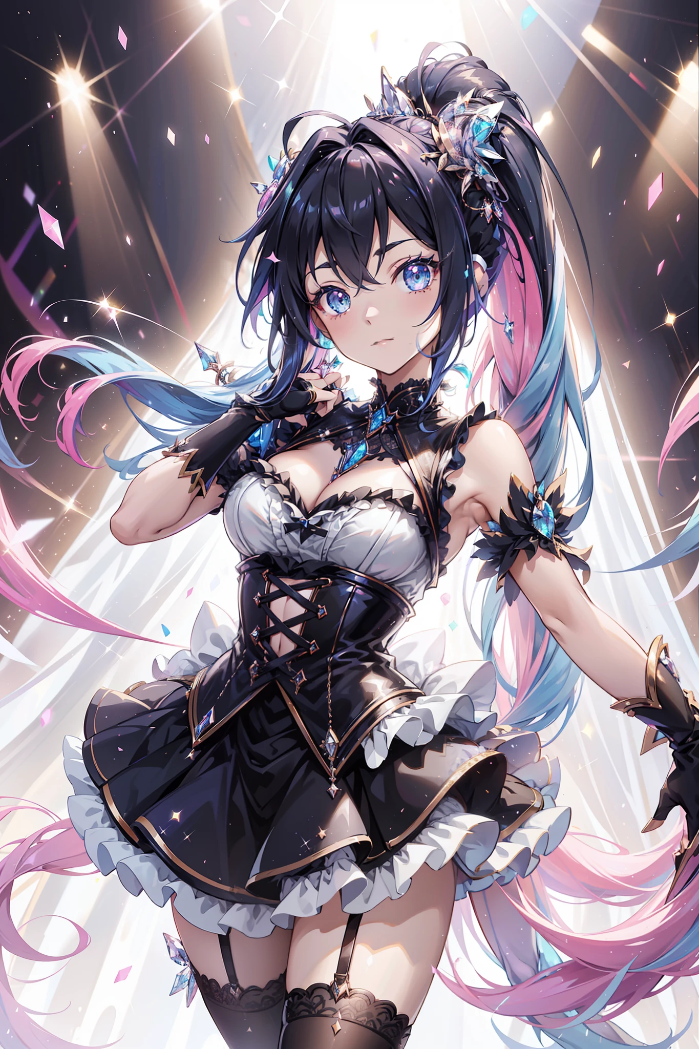 (glitters:0.9), (Sparkle:0.9), (Shine:0.9), (Best quality), (Masterpiece:1.2), (Anime style),Idol girl,Extremely colorful,Colorful,Beautiful and delicate face and hair,Complete body,Black and white double ponytail,ta dress,Lace,folds,Ruffles, stocklings,Muffin shoes,Seductive pose,The background is a luxurious stage,the night,Ready to get started