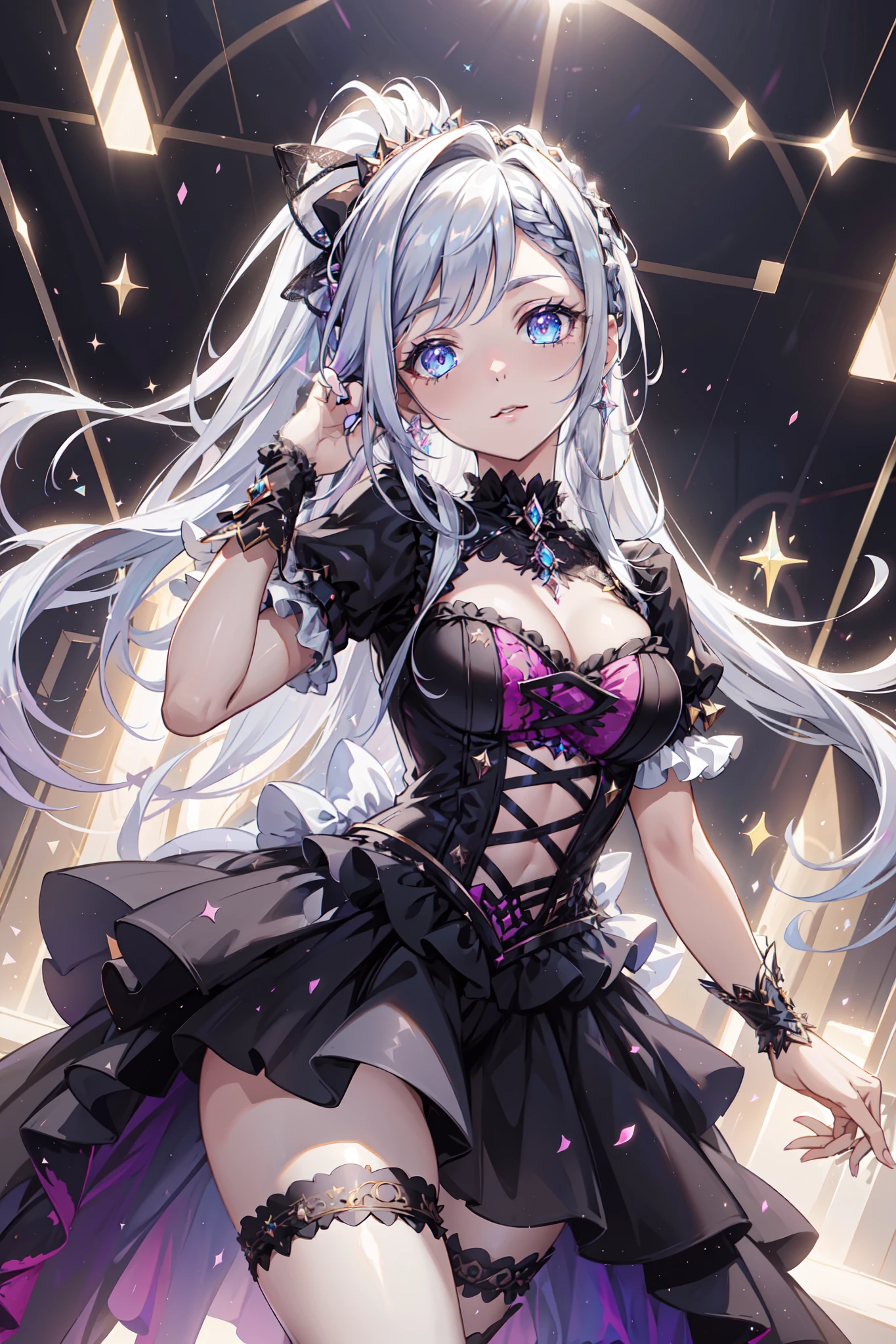 (glitters:0.9), (Sparkle:0.9), (Shine:0.9), (Best quality), (Masterpiece:1.2), (Anime style),Idol girl，Extremely colorful，Colorful，Beautiful and delicate face and hair，Complete body，Black and white double ponytail，Lolita dress，Lace，folds，Ruffles， stocklings，Muffin shoes，Seductive pose，The background is a luxurious stage，ellegance