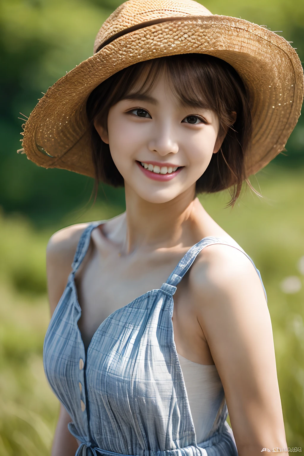 masterpiece、4K、top-quality、beautiful Korean women、detail portrayal、1 girl in、23years old、(rompers:1.2)、bob cuts、naturey、depth of fields、cowboy shot、(Angle from top:1.2)、ssmile