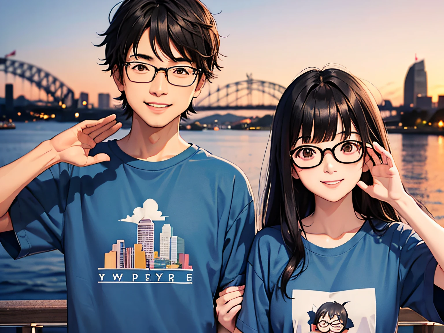 A young Japanese couple at the Sydney Opera House. The husband has black hair with bangs, wears glasses, and a blue T-shirt. The wife has medium-length black hair, wears glasses, and a pink T-shirt. They both have smiles on their faces and are waving hello. Clean-shaven, no children.