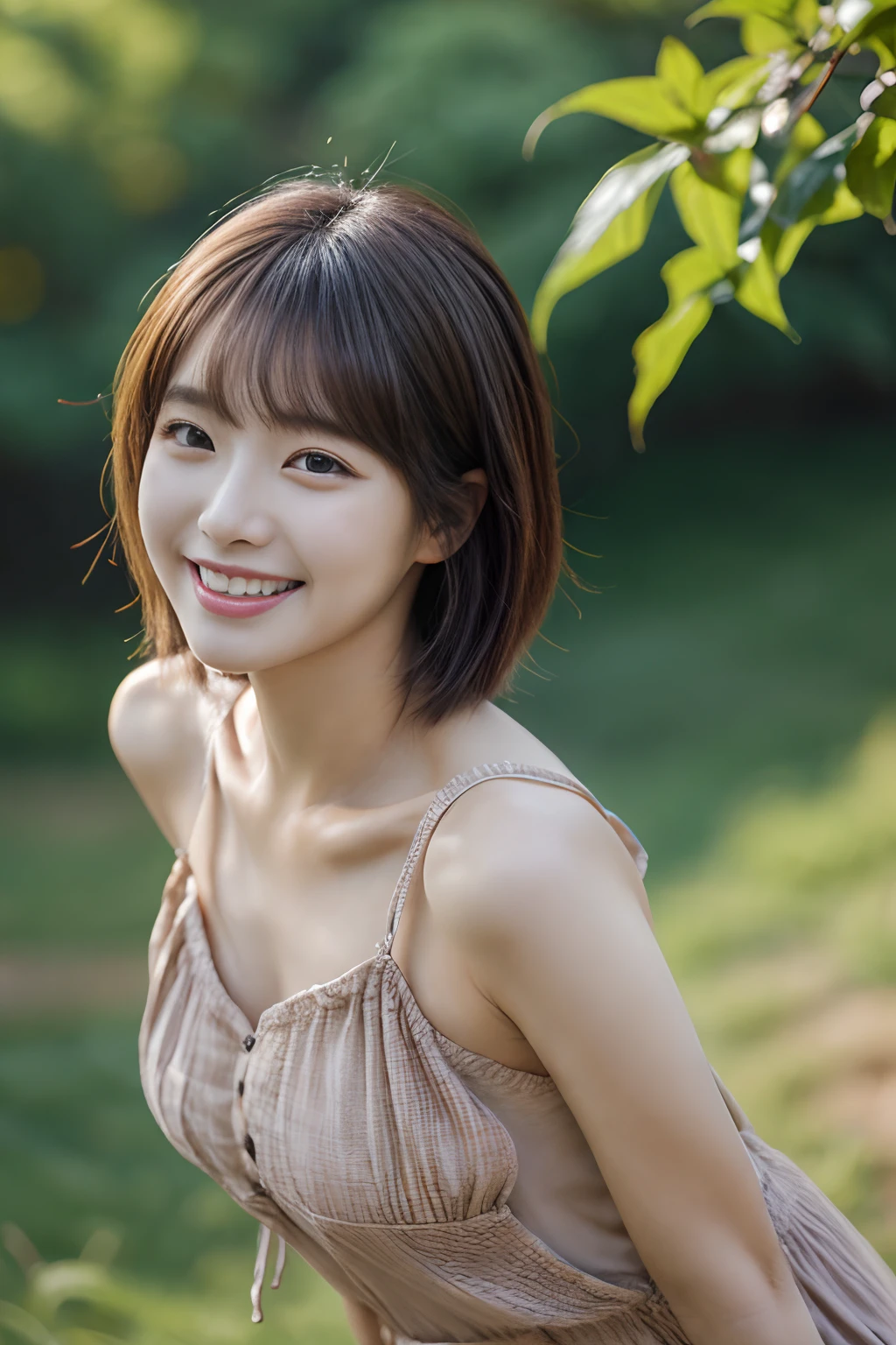 ​masterpiece、4K、top-quality、beautiful Korean women、detail portrayal、1 girl in、23years old、(rompers:1.2)、bob cuts、naturey、depth of fields、cowboy  shot、(Angle from top:1.2)、ssmile