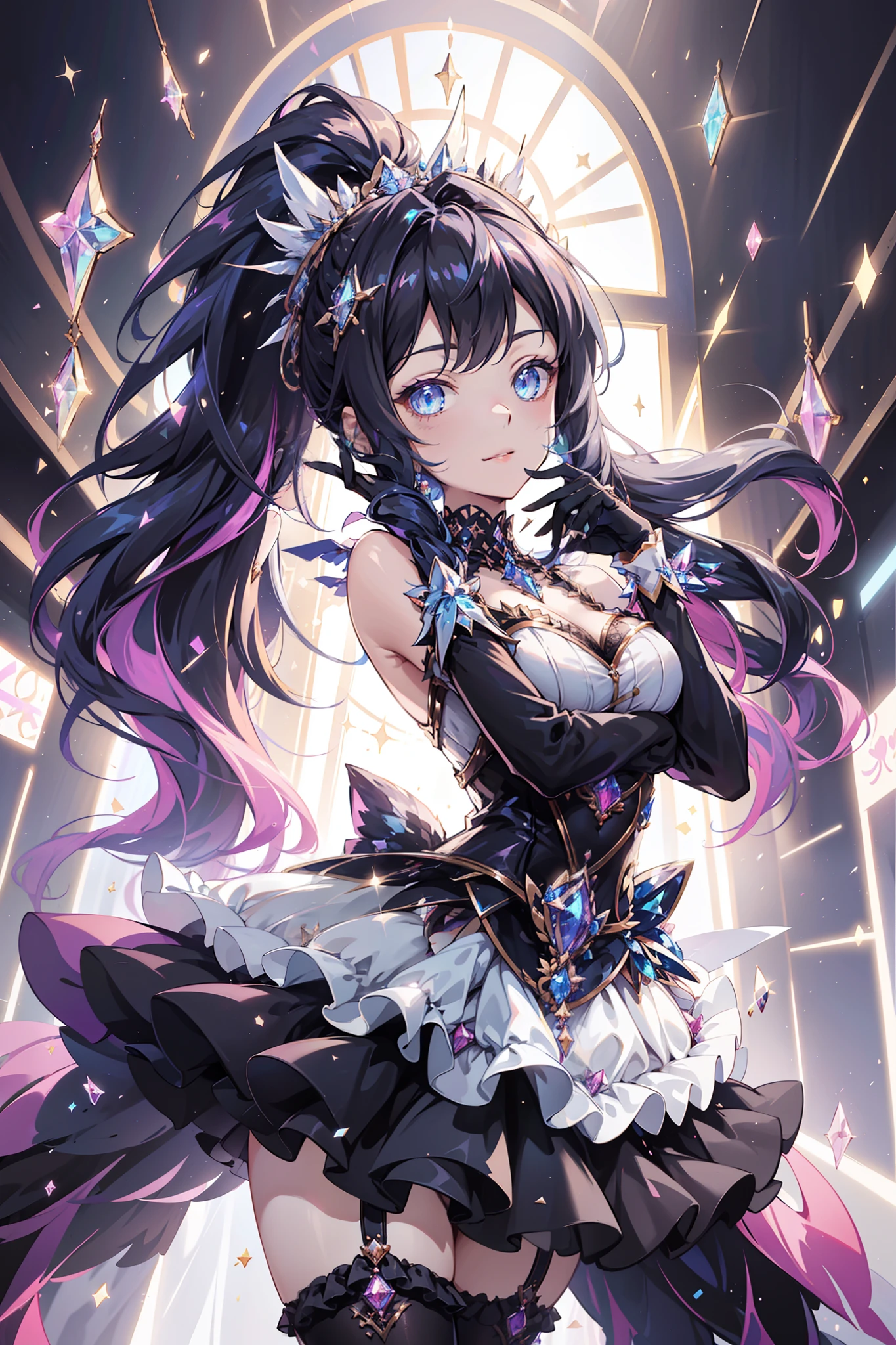 (glitters:0.9), (Sparkle:0.9), (Shine:0.9), (Best quality), (Masterpiece:1.2), (Anime style),Idol girl，Extremely colorful，Colorful，Beautiful and delicate face and hair，Complete body，Black and white double ponytail，Lolita dress，Lace，folds，Ruffles， stocklings，Muffin shoes，Seductive pose，The background is a luxurious stage，the night，Ready to get started