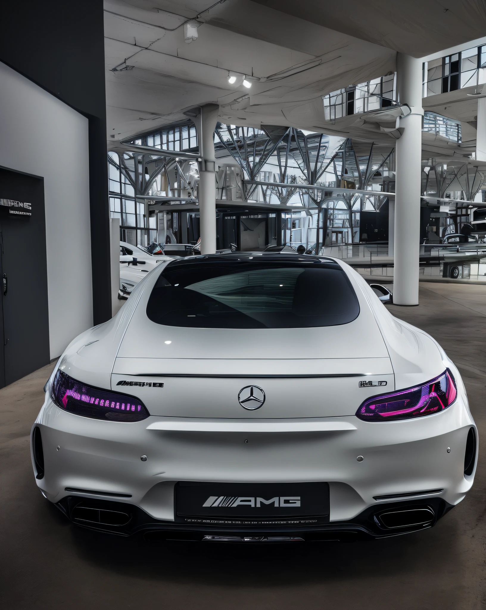 The new Mercedes-AMG white sports car is parked in front of the showroom, The rear of the new Mercedes-Benz AMG，sports car in the room, Mercedes Benz, mercedez benz, Exhibited, Mercedes concept car, Beautiful masterpiece, A detailed masterpiece, Masterpiece works of art, Show on the , 8K，4K edited, Hologram paint car, an award winning masterpiece